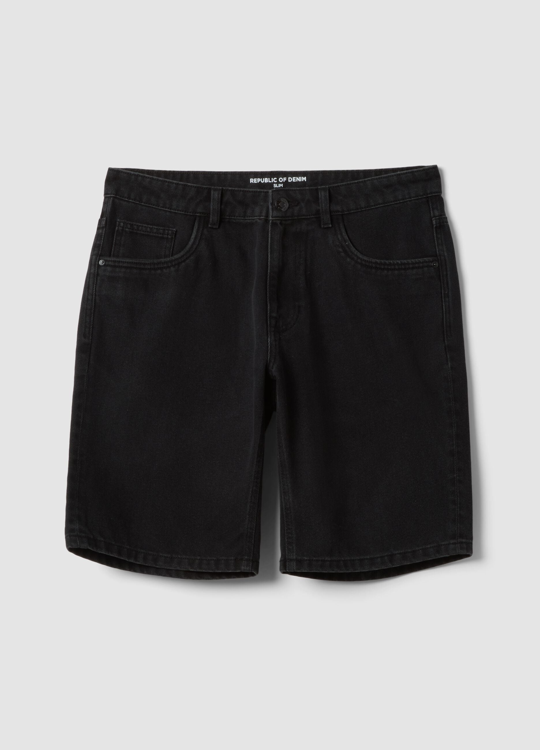 Black denim cotton blend slim fit shorts
