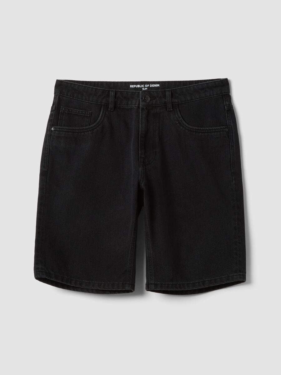 Black denim cotton blend slim fit shorts_4