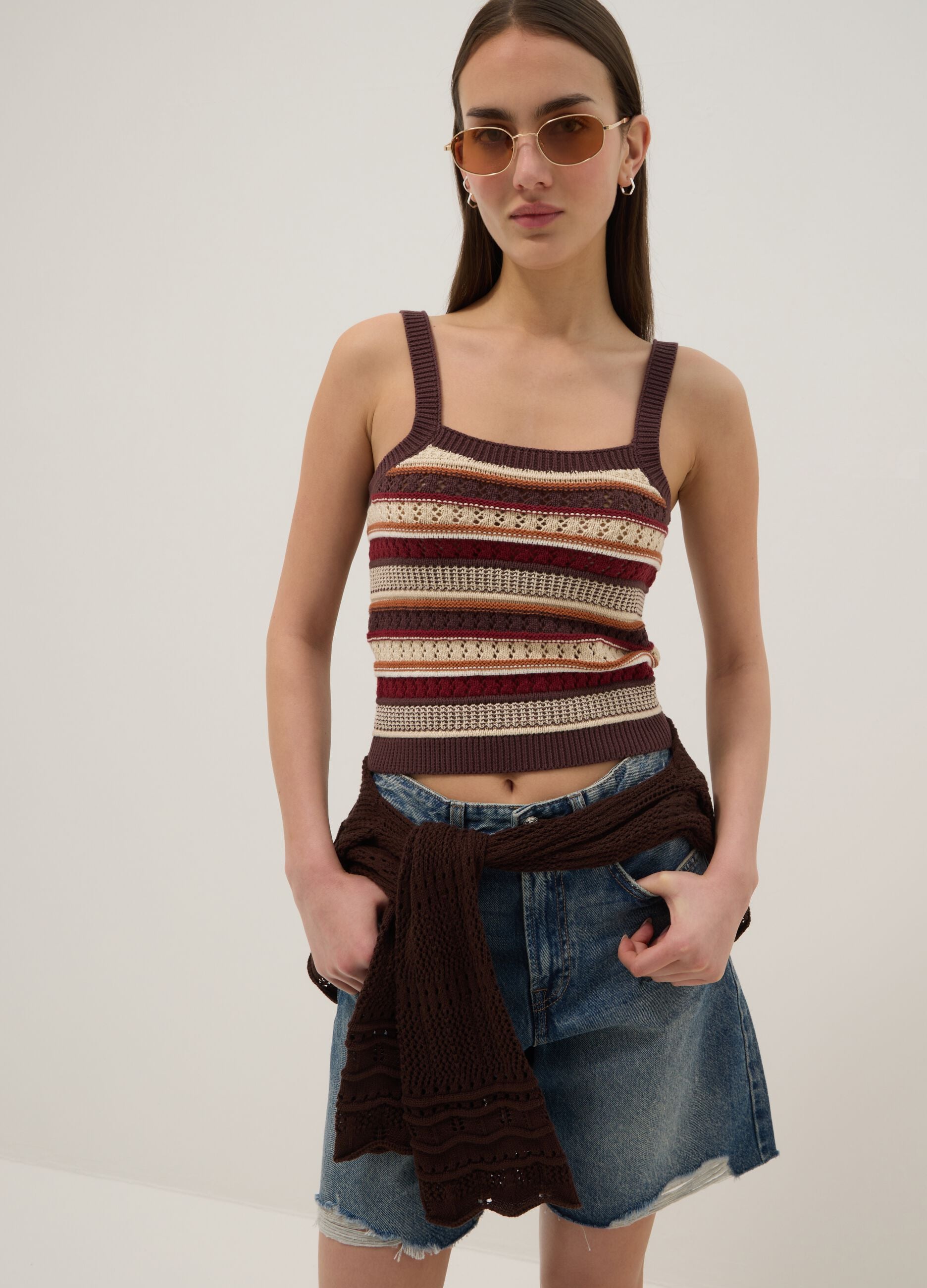 Fitted multicolour striped pure cotton vest with thin straps