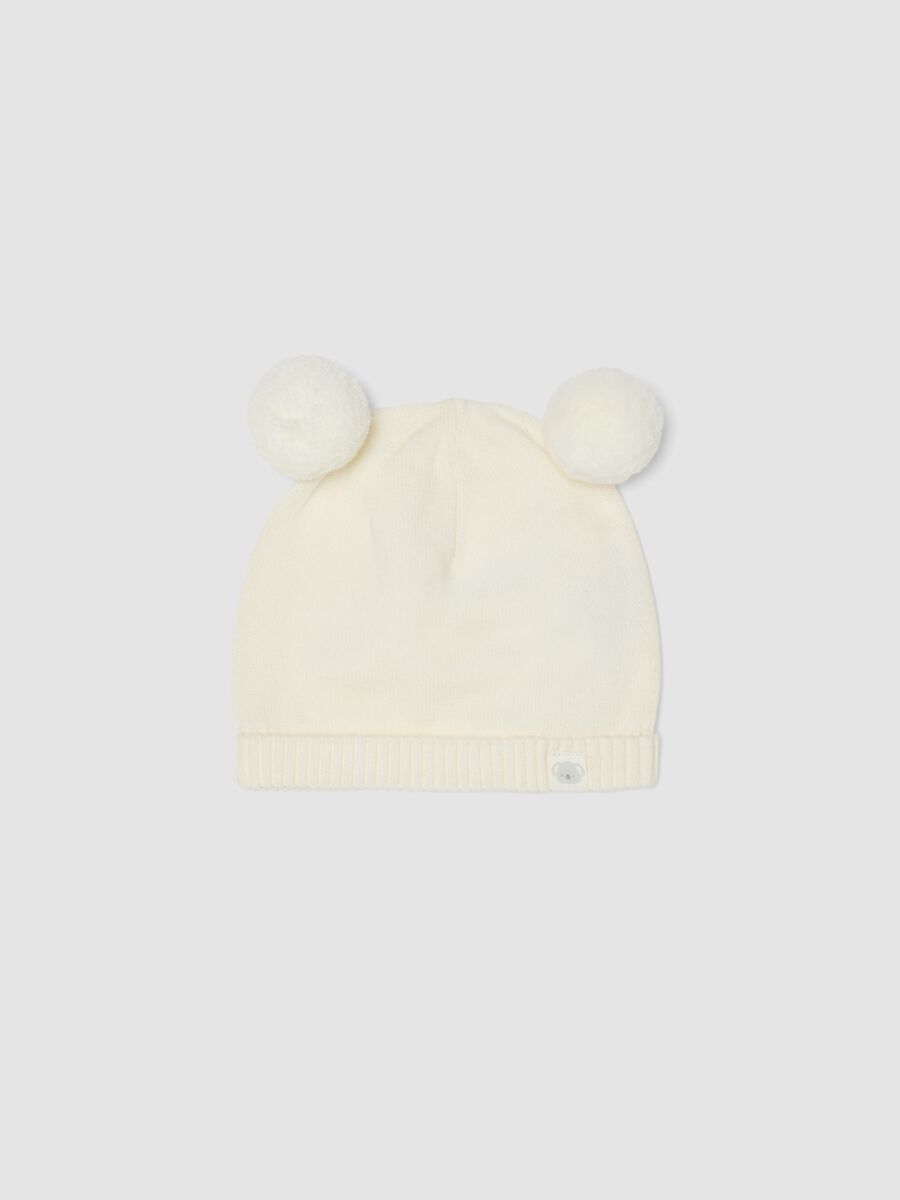 White pure organic cotton knitted baby hat with pom‑poms_0