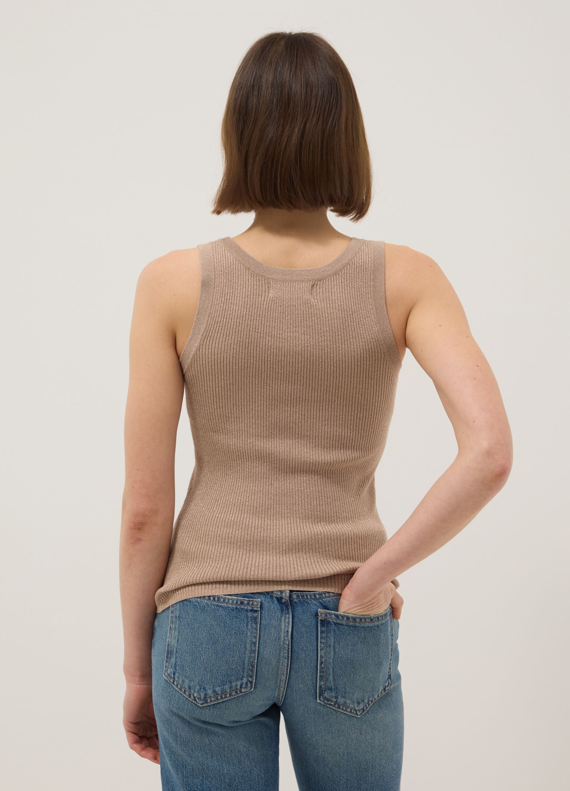 Beige viscose blend fitted tank top