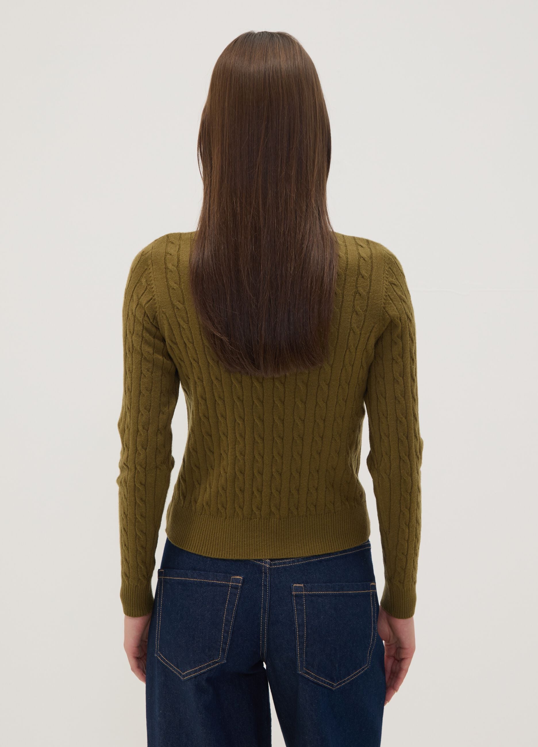 Olive green cable-knit crew neck jumper, regular fit