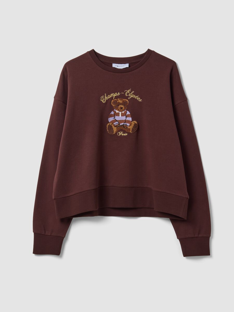 Brown cotton-blend crew-neck sweatshirt with teddy print_0