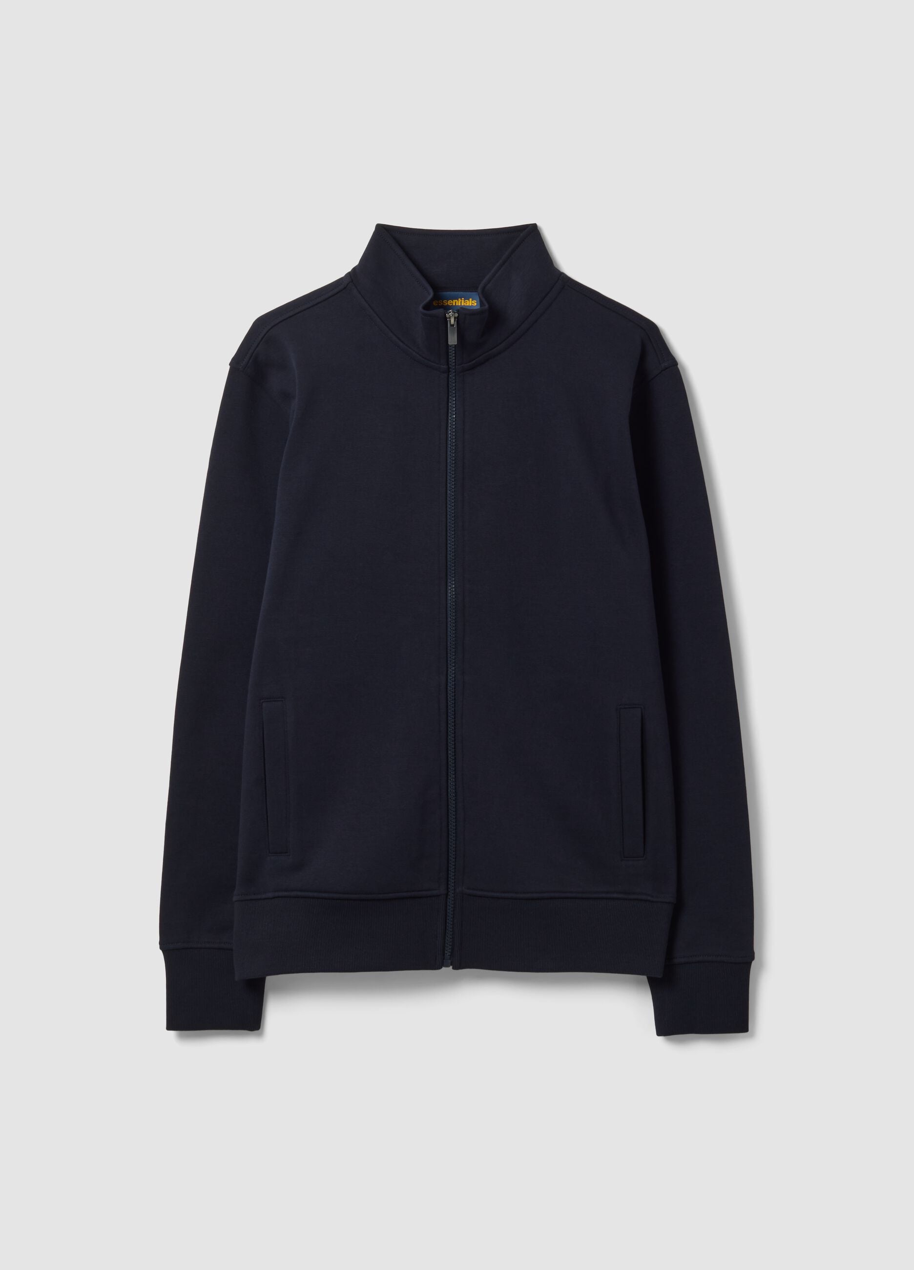 Blue cotton-blend sweatshirt with crew neck and zip, regular fit