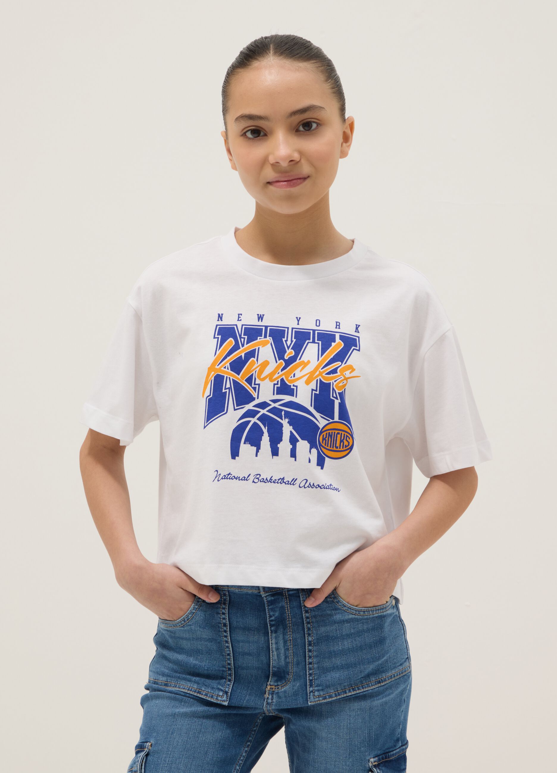 Girl's Regular Fit White Pure Cotton T-shirt New York Knicks