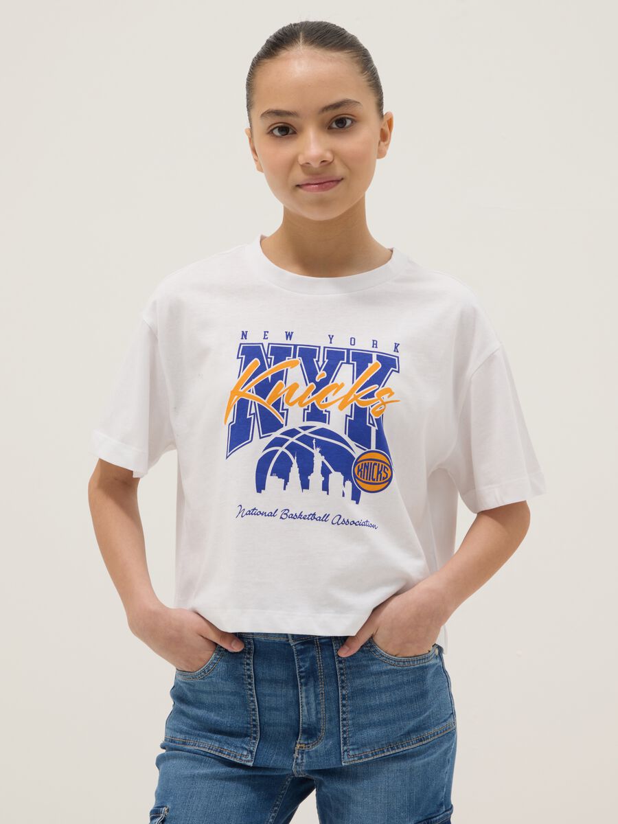 T-shirt in puro cotone bianca da ragazza regular fit New York Knicks_0