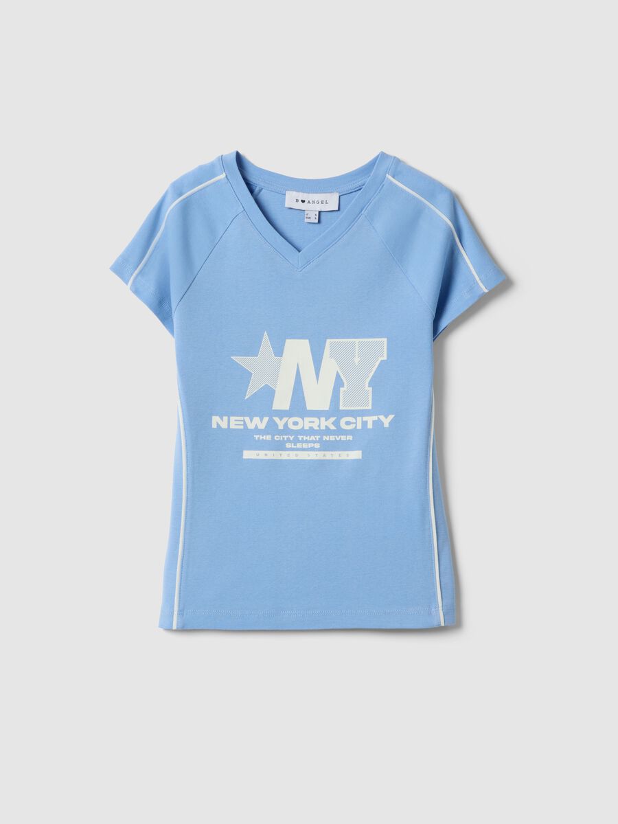 Blue pure cotton slim fit V-neck T-shirt with print_4