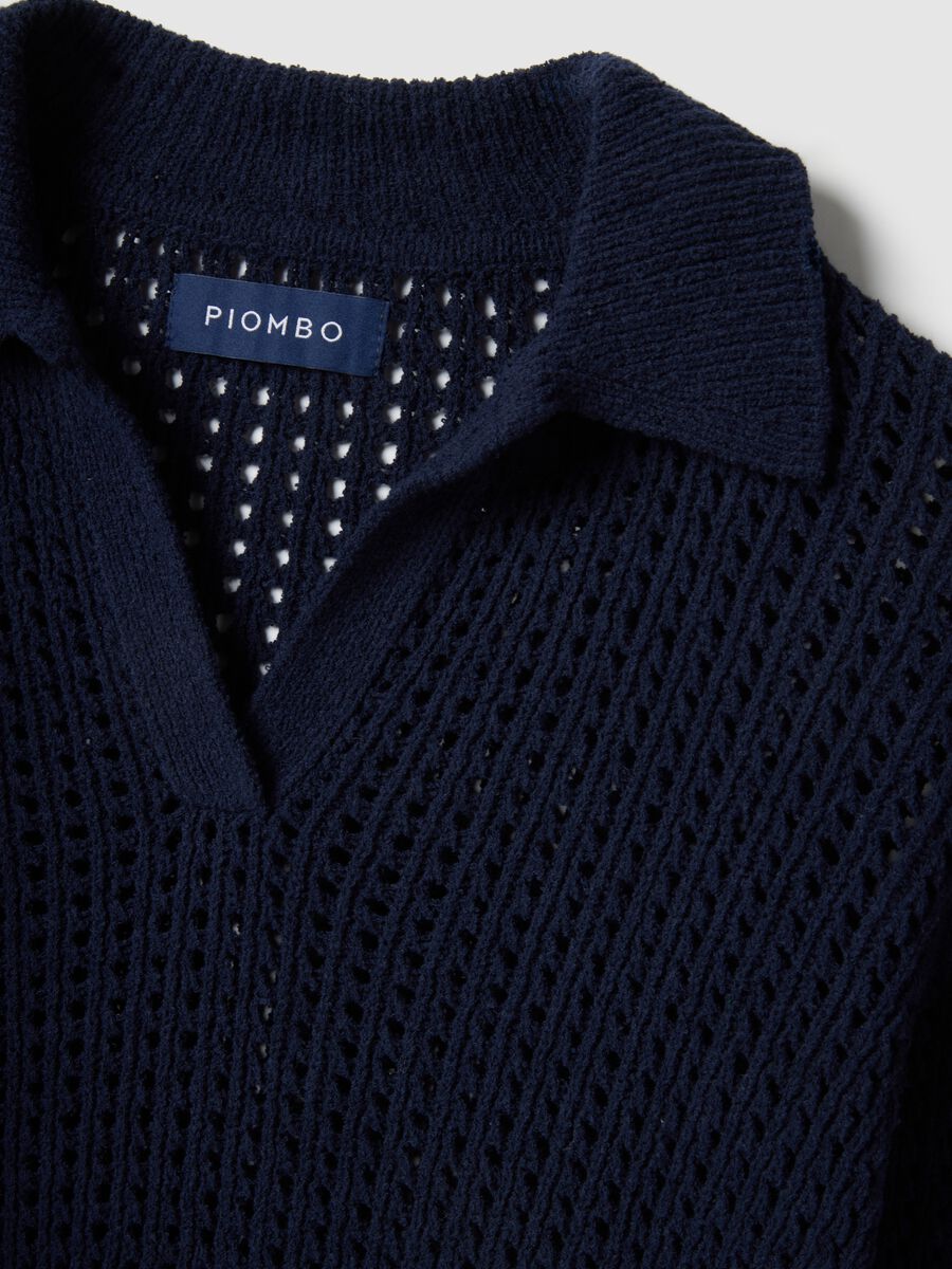 Blue cotton blend regular fit jumper with mesh pattern and polo collar_6