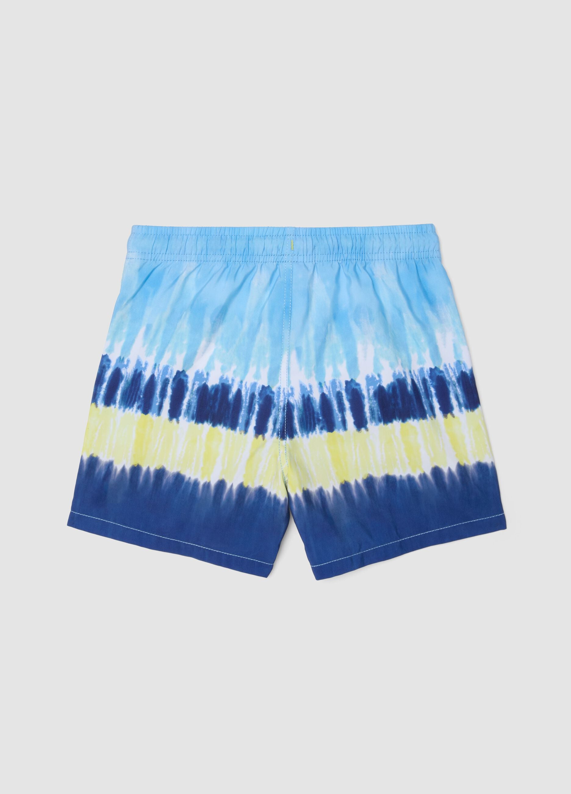 Blue tie-dye swim shorts with drawstring