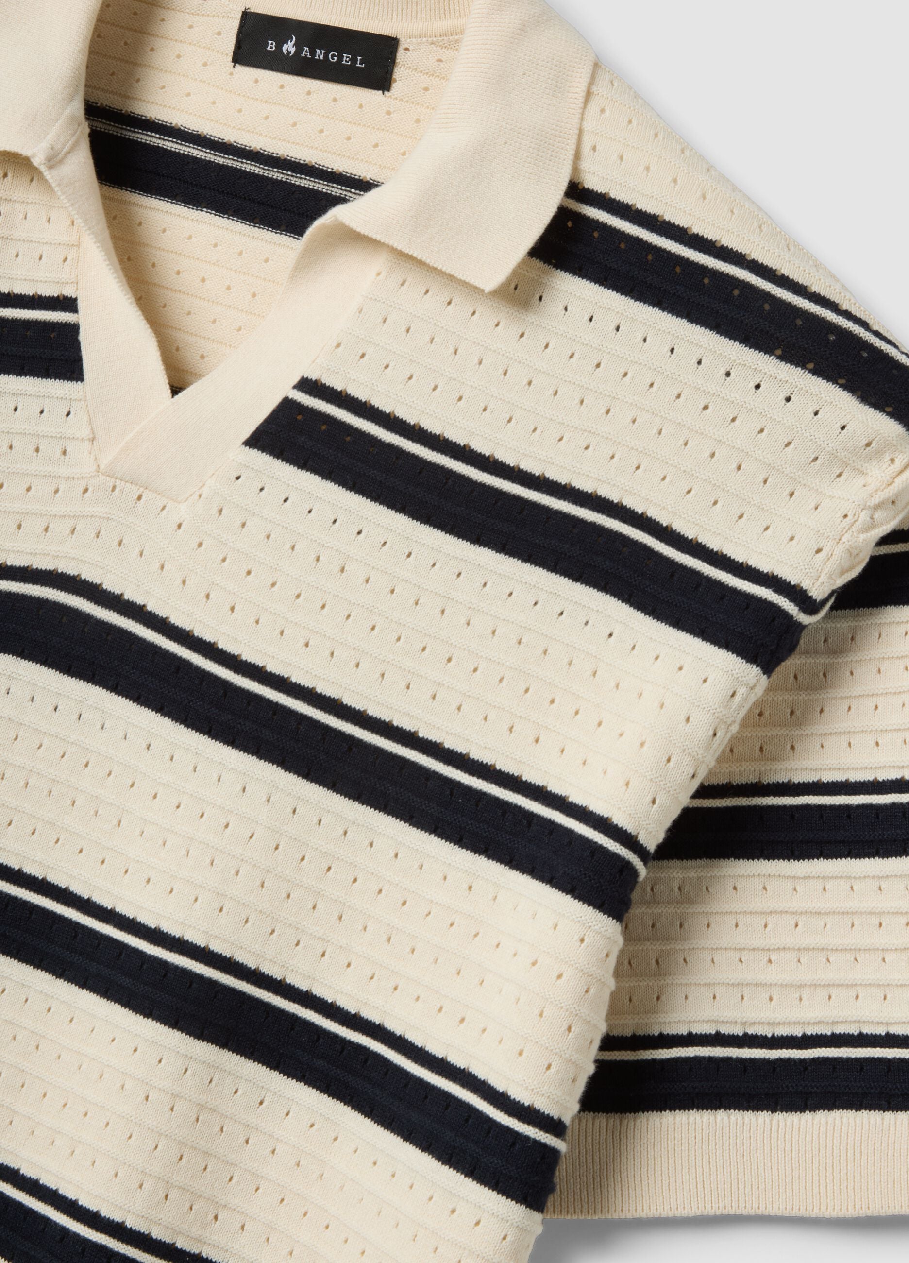 Beige striped pure cotton polo shirt with classic collar, oversized fit