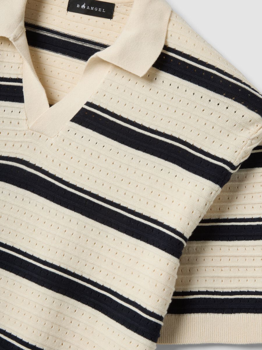 Beige striped pure cotton polo shirt with classic collar, oversized fit_5