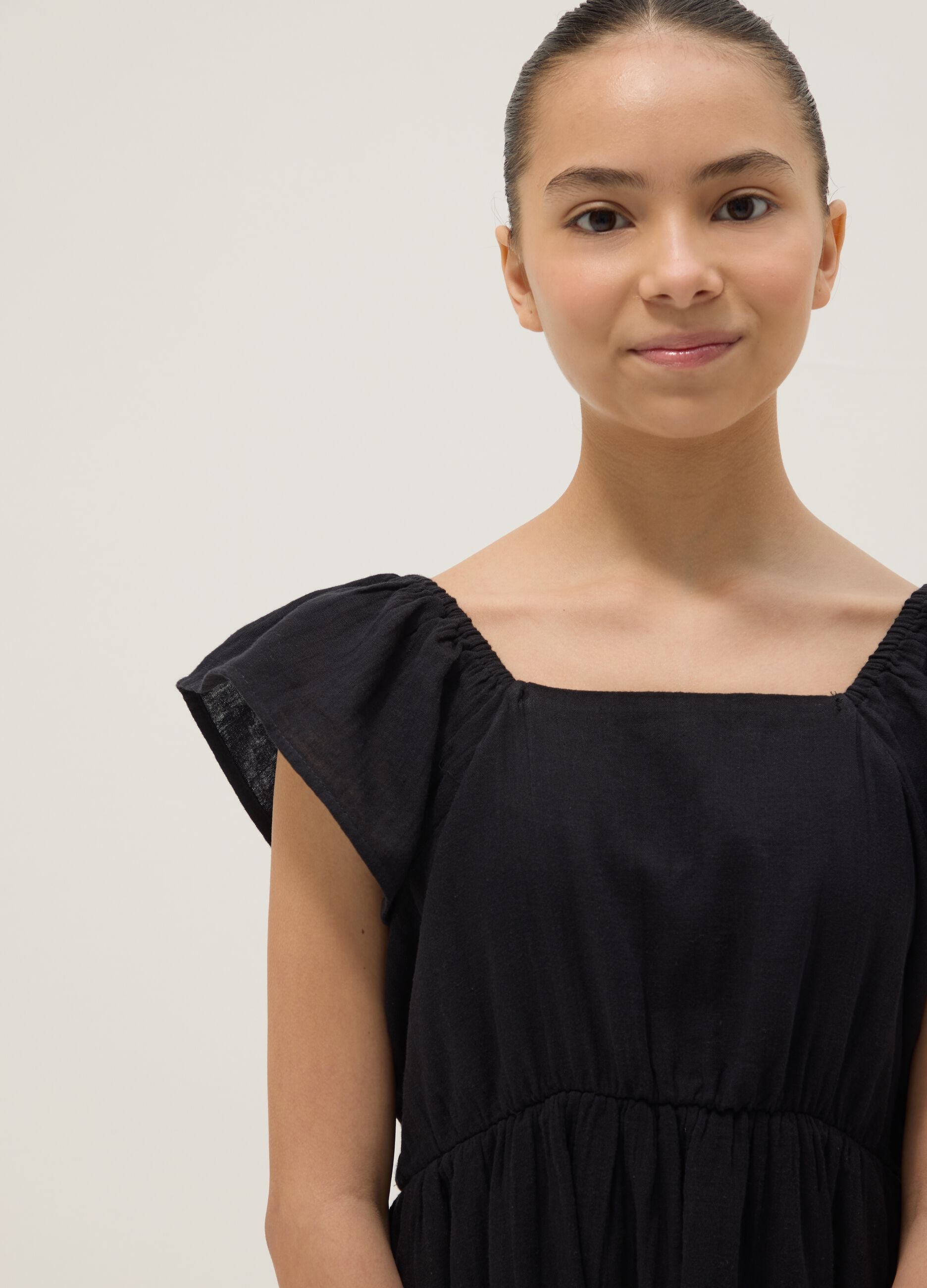 Black pure cotton boat-neck dress, wide fit