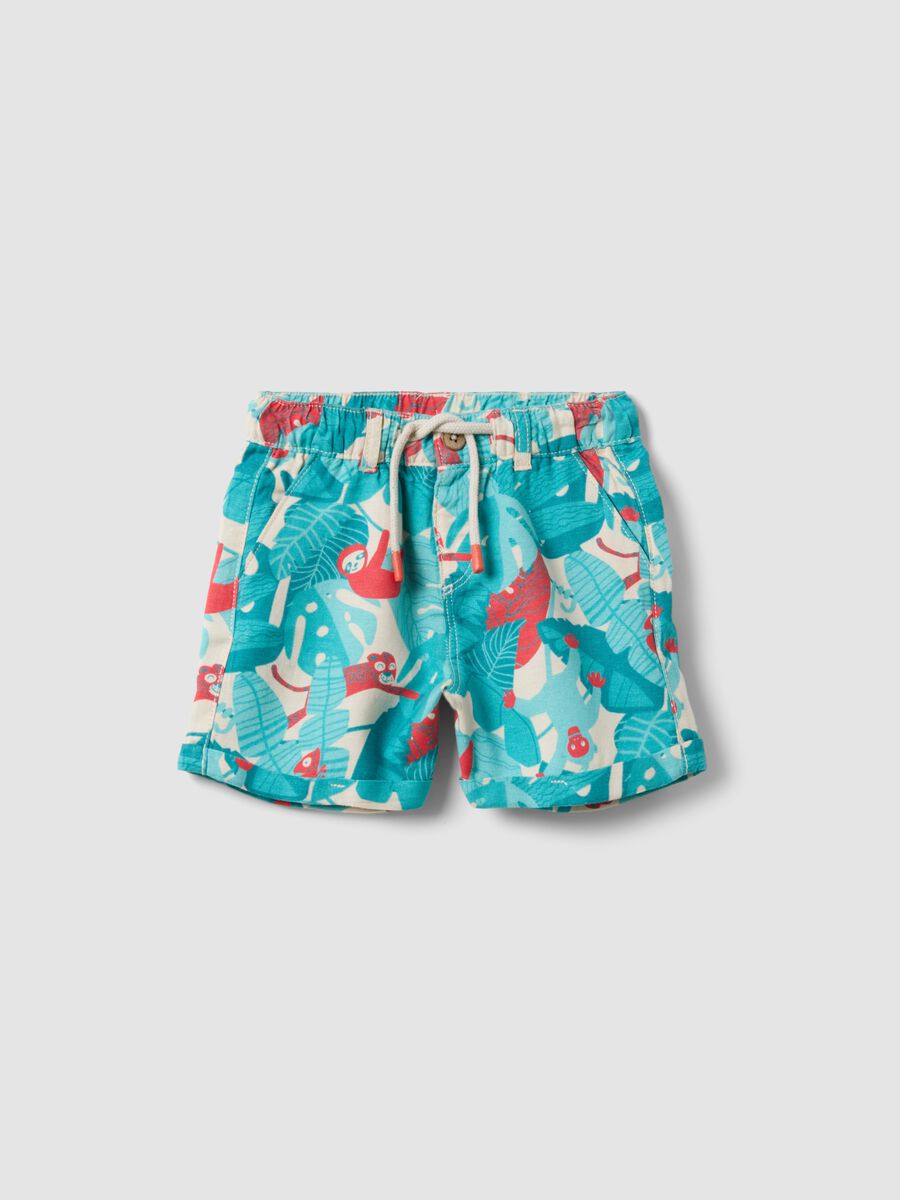 Blue viscose-linen blend tropical print shorts for boys, regular fit_0