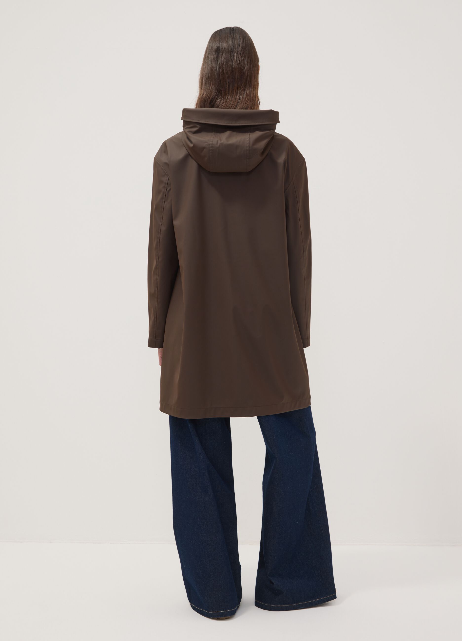 Long brown hooded jacket with zip