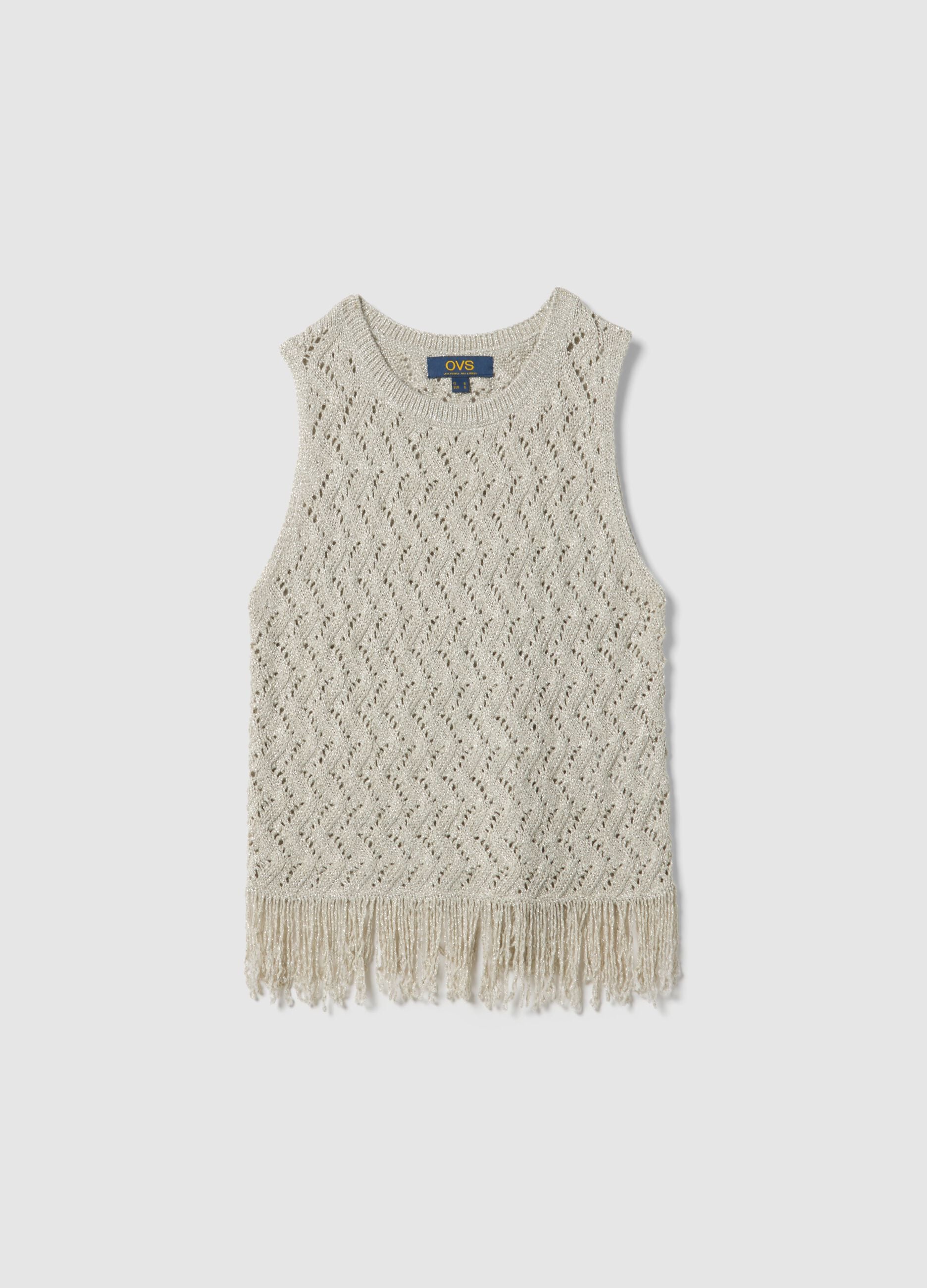 Beige viscose blend regular fit perforated top with fringes