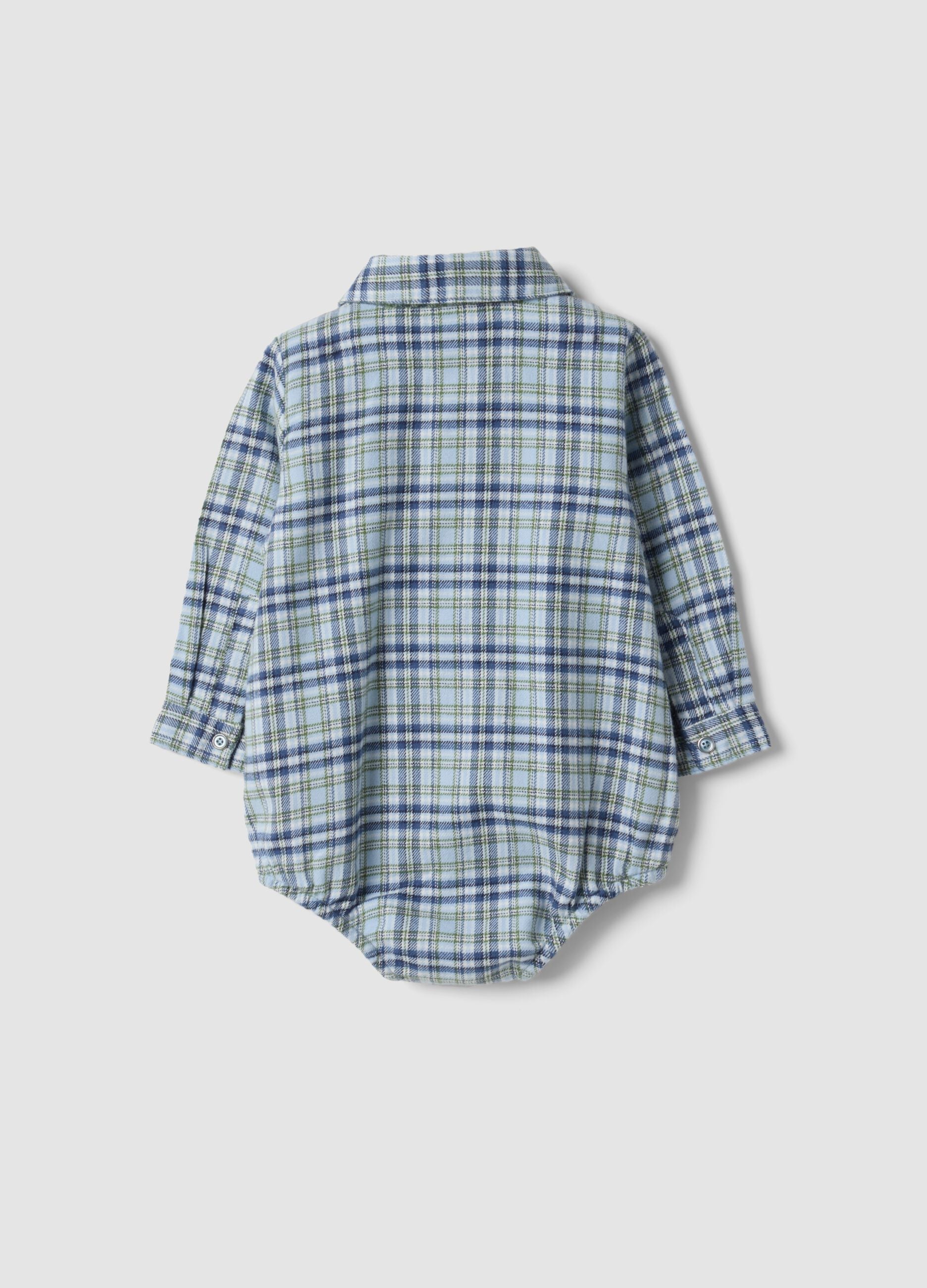 Blue checked pure cotton baby bodysuit with collar