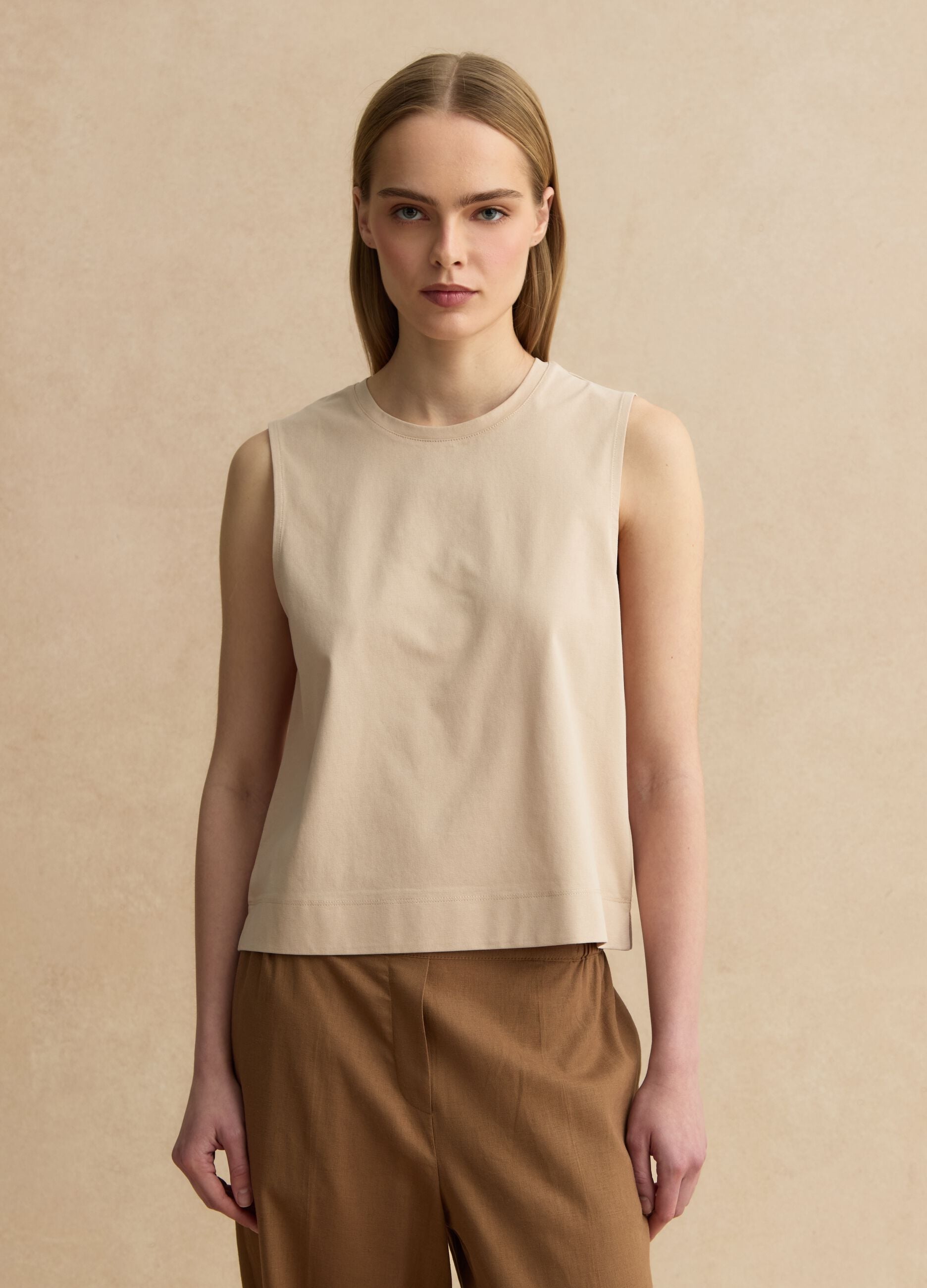 Beige cotton-blend tank top