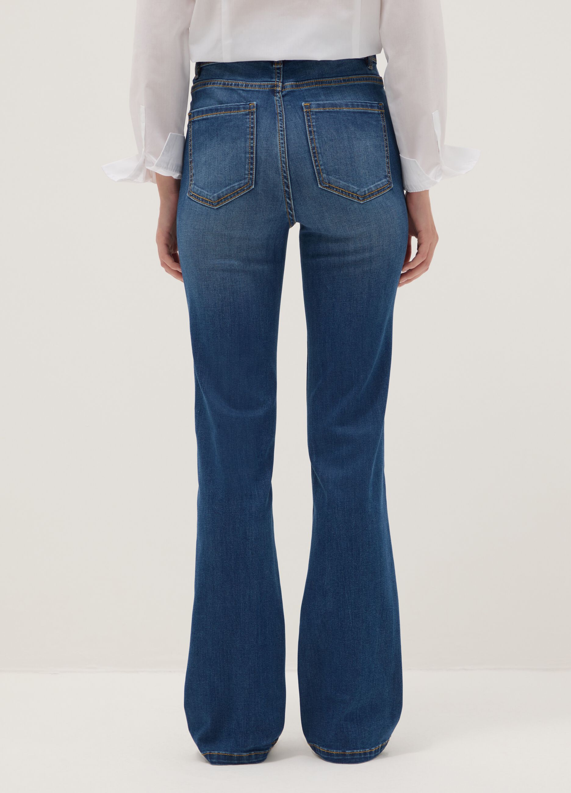 Blue cotton blend flare fit jeans