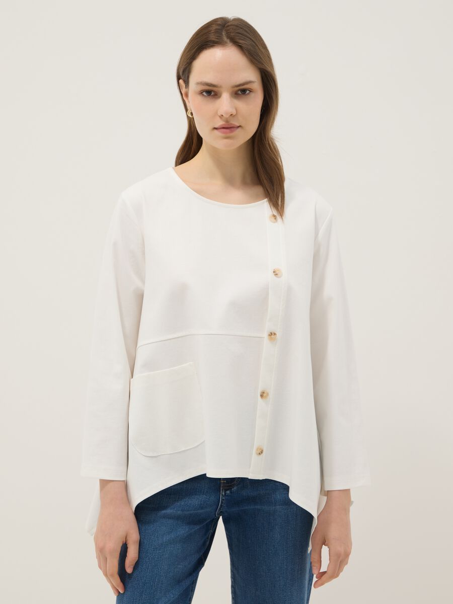 White stretch cotton button-up blouse, regular fit_0