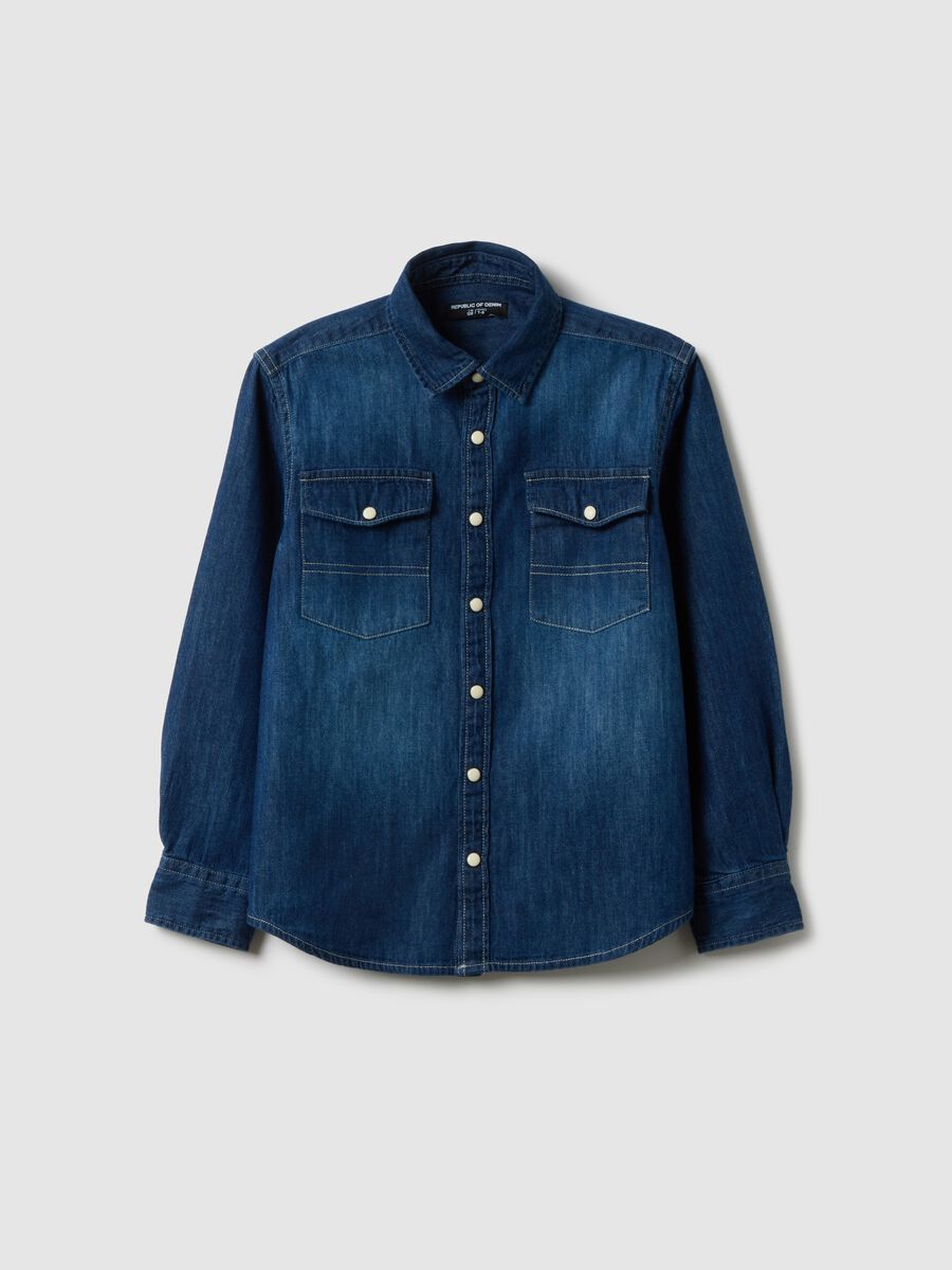 Boys' regular fit blue denim pure cotton shirt_0