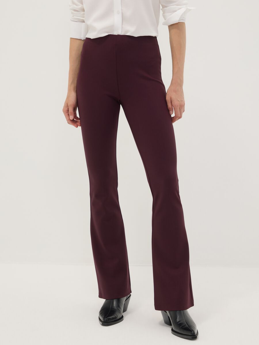 Burgundy flared leggings in stretch viscose Milano knit_1