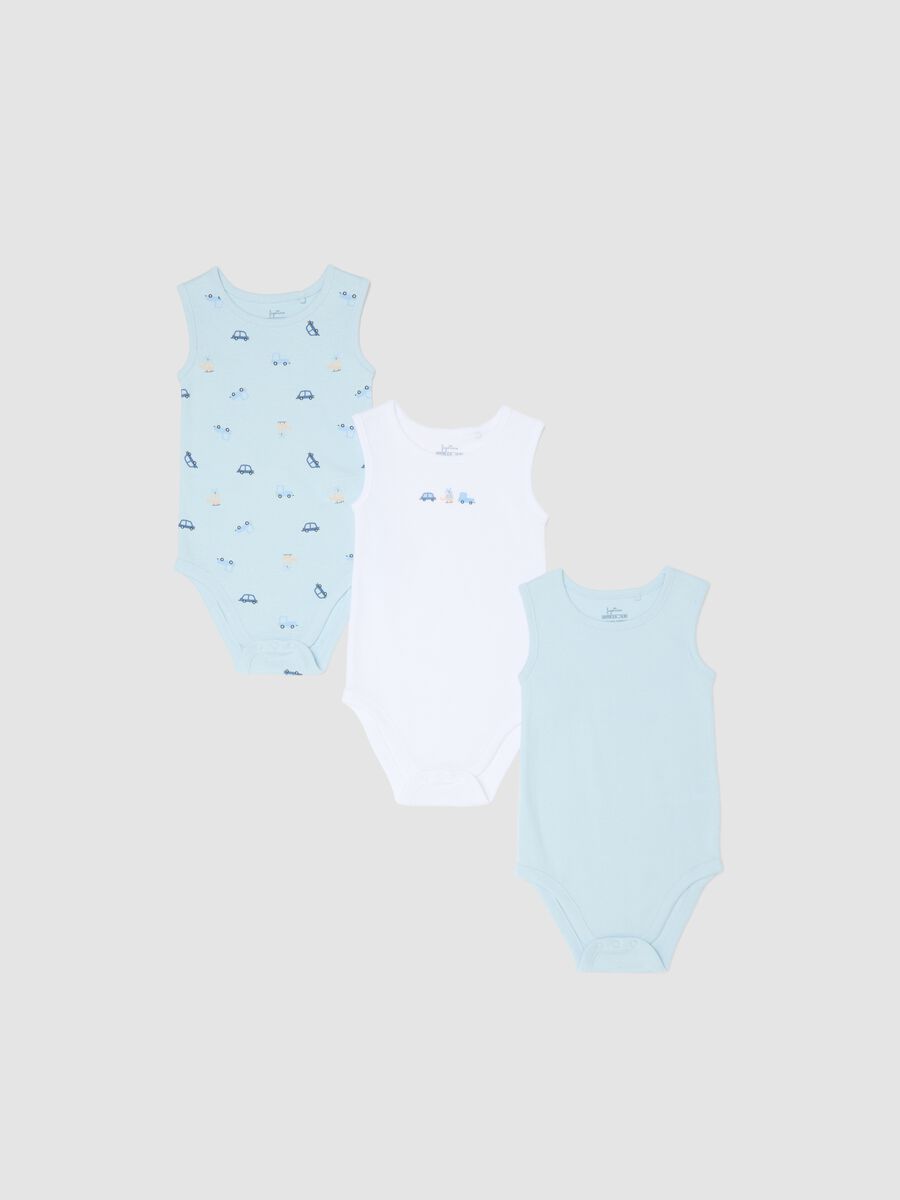 Multicolour sleeveless cotton bodysuit tripack for newborns_0
