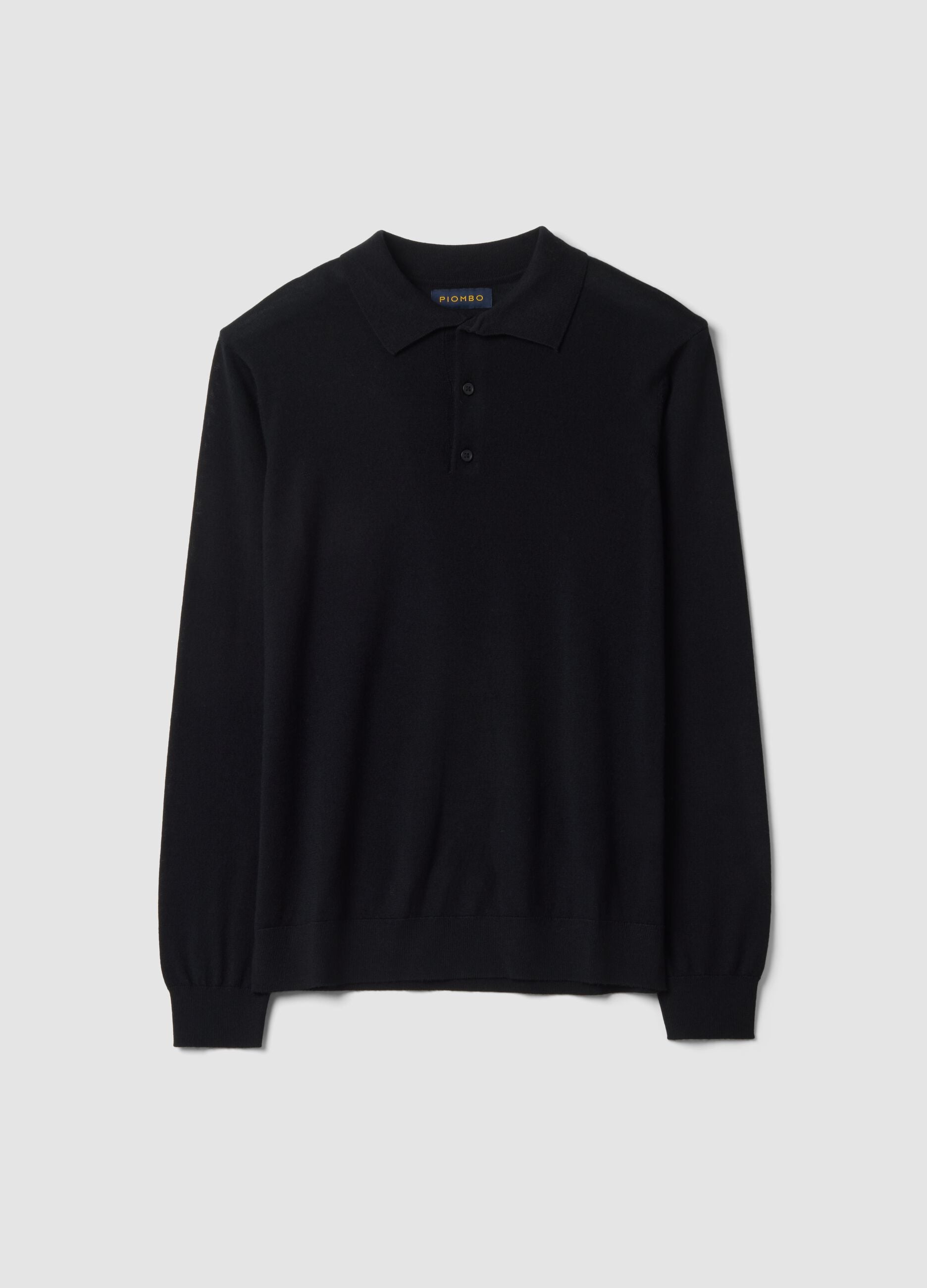 Black pure merino wool polo jumper with polo collar