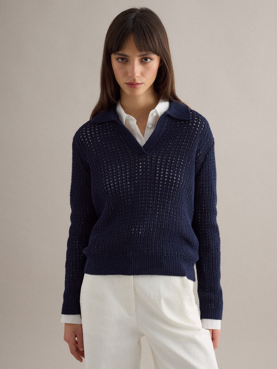 Blue cotton blend regular fit jumper with mesh pattern and polo collar_0