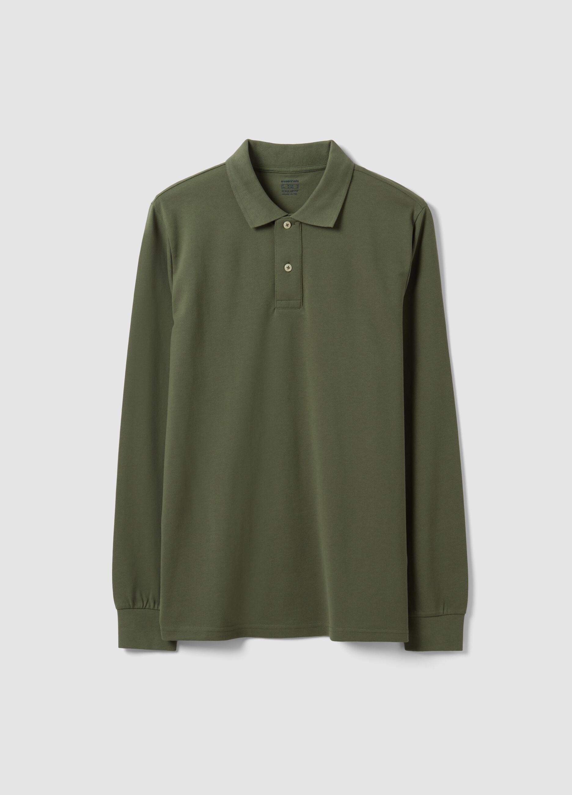 Green long-sleeve organic cotton piqu&eacute; polo shirt, regular fit
