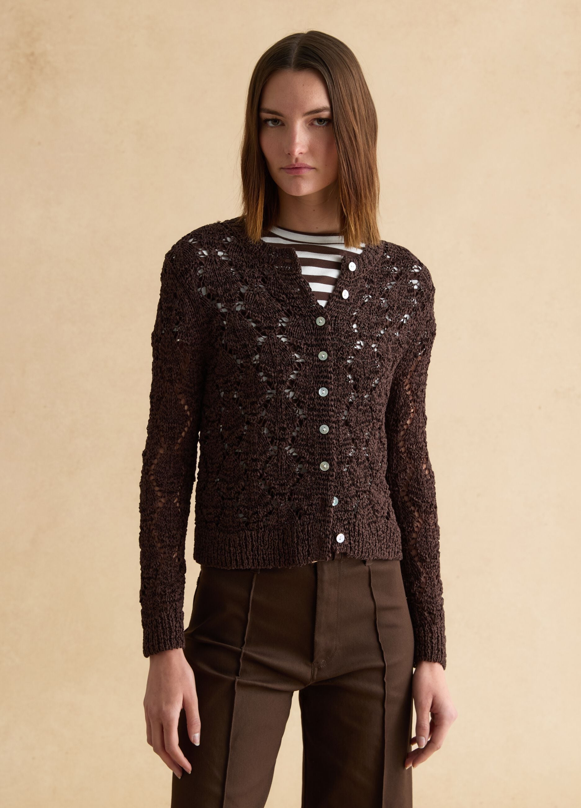 Brown cotton blend cardigan with regular fit and knitted design