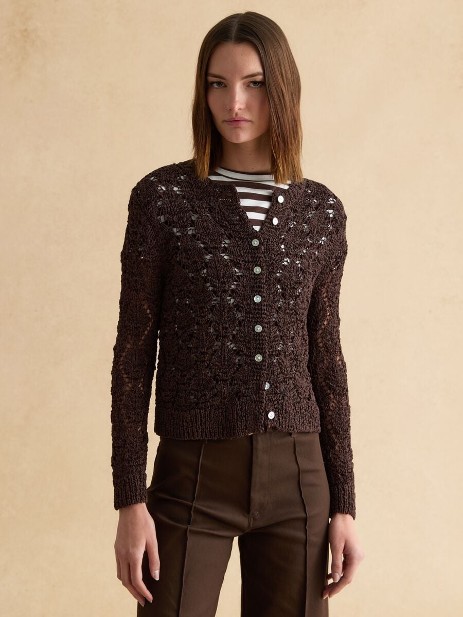 Brown cotton blend cardigan with regular fit and knitted design_0