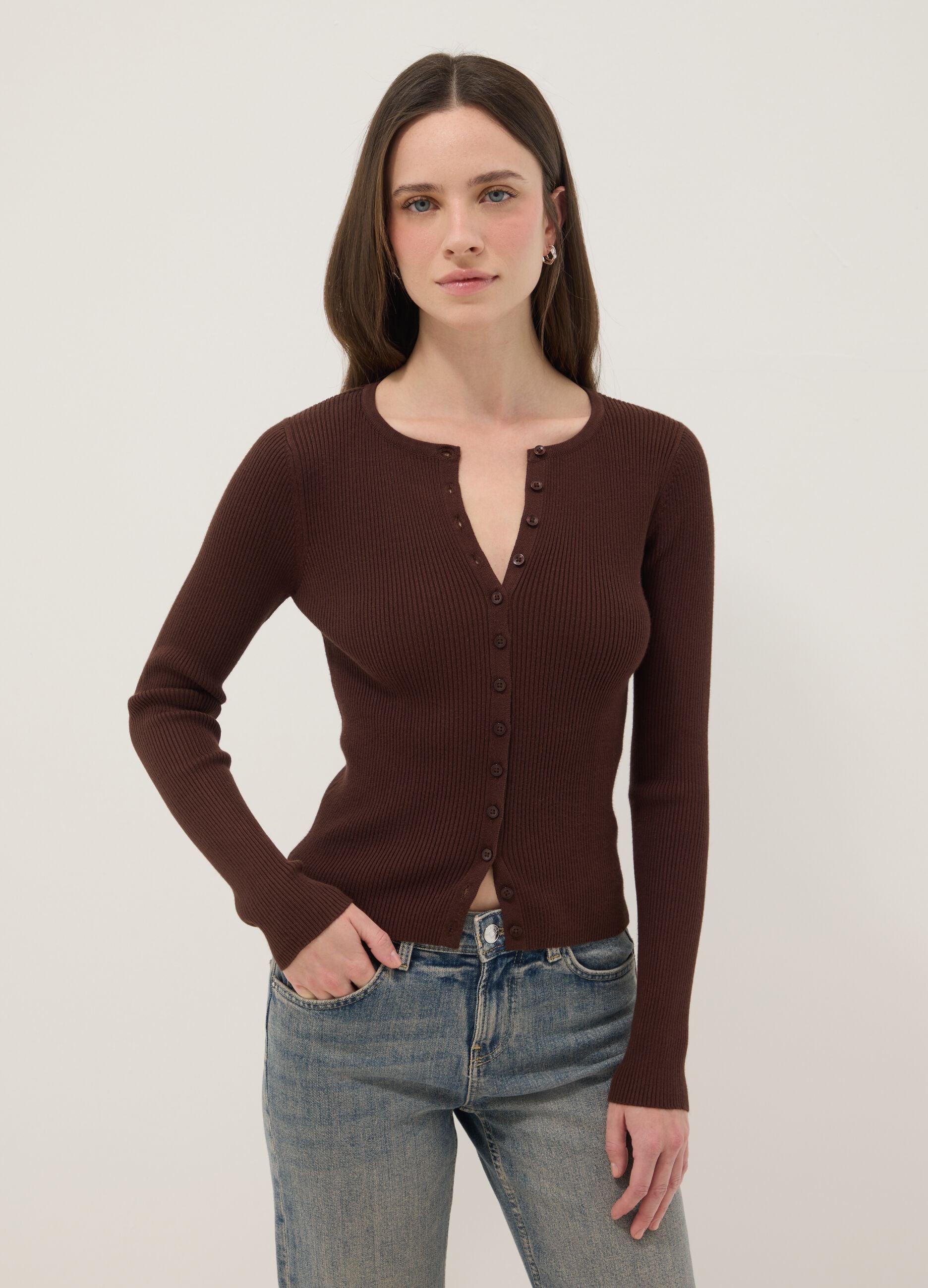 Brown viscose blend fitted cardigan