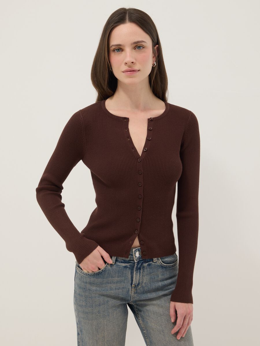 Brown viscose blend fitted cardigan_1