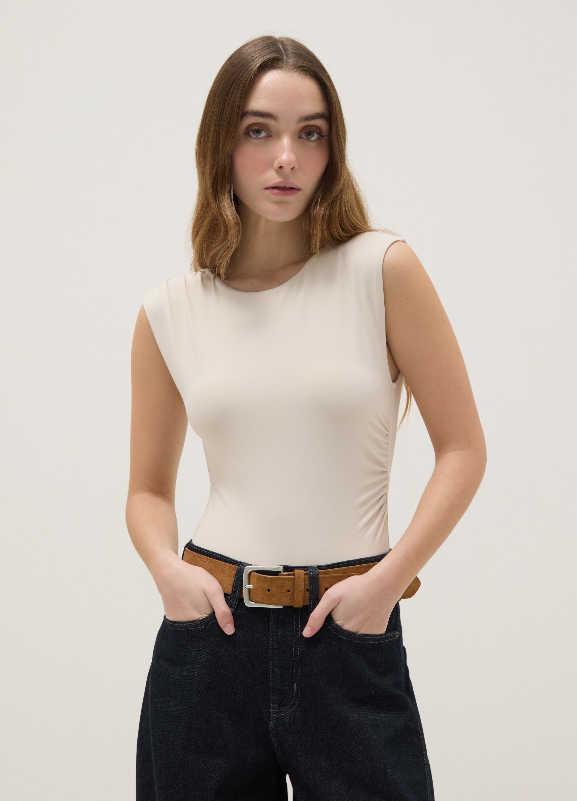 Beige stretch fabric bodysuit regular fit