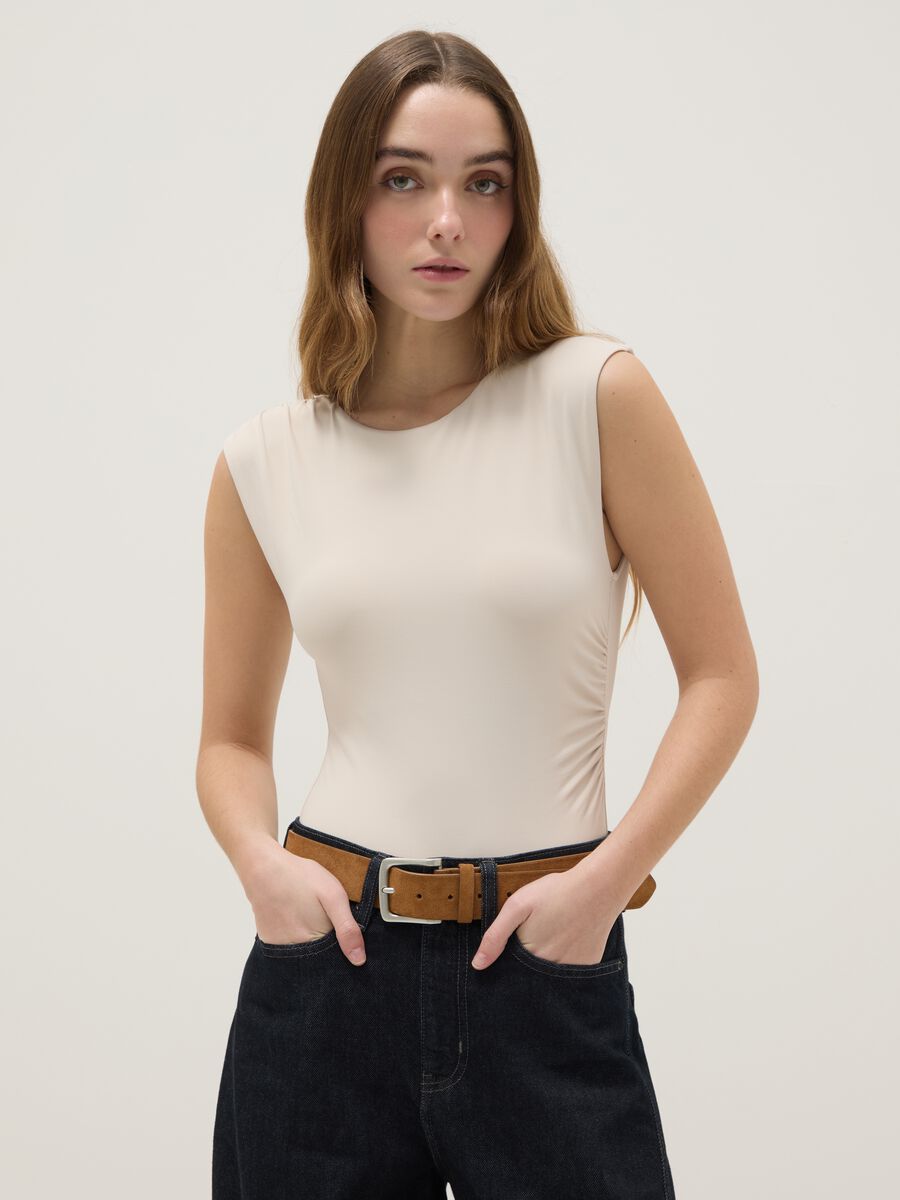 Beige stretch fabric bodysuit regular fit_0