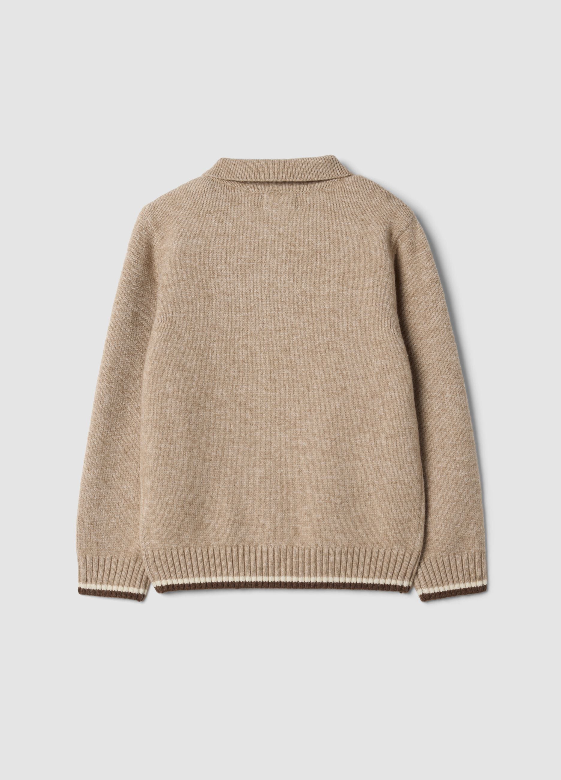 Beige regular-fit polo-collar jumper with ribbed trims