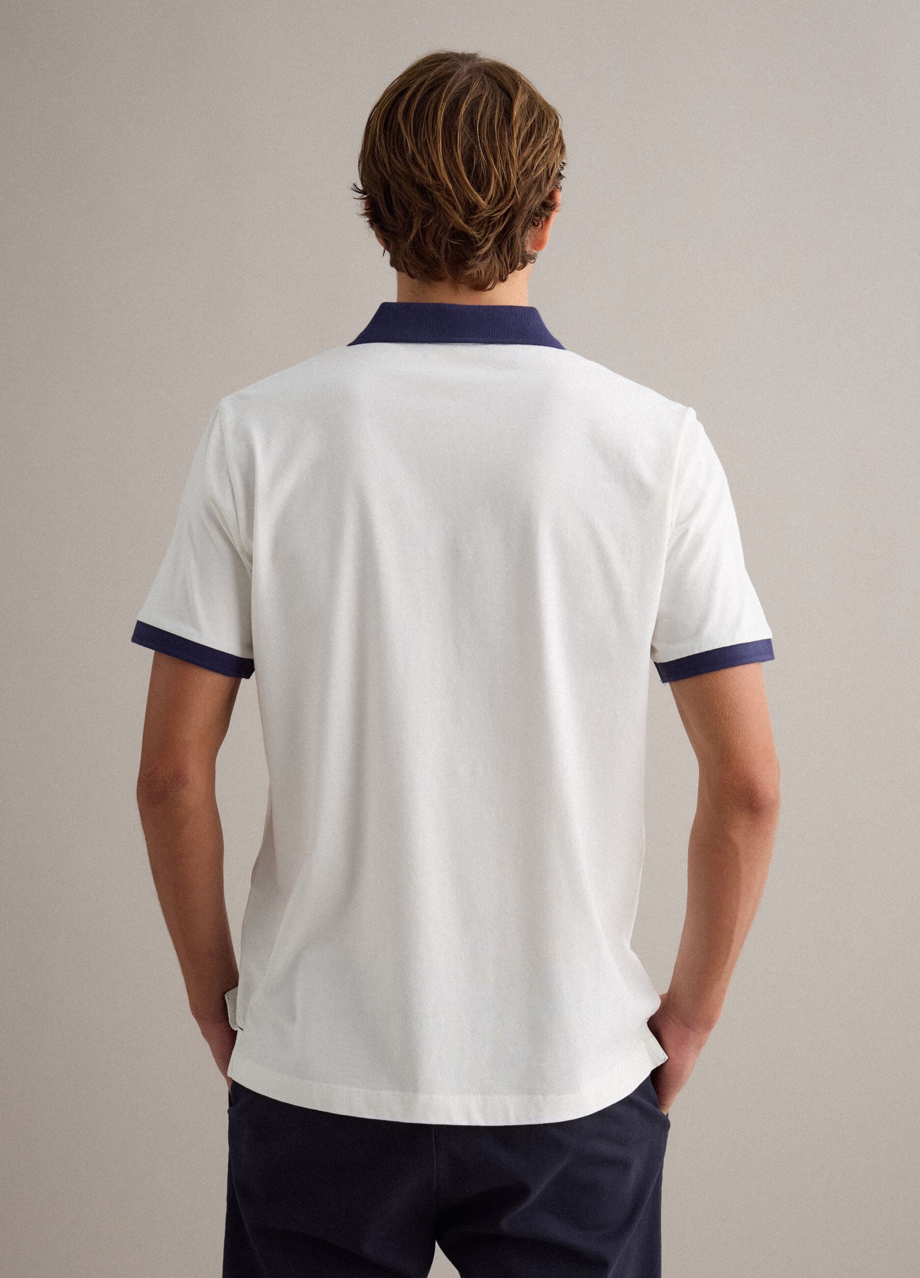 White pure cotton polo shirt with contrasting collar