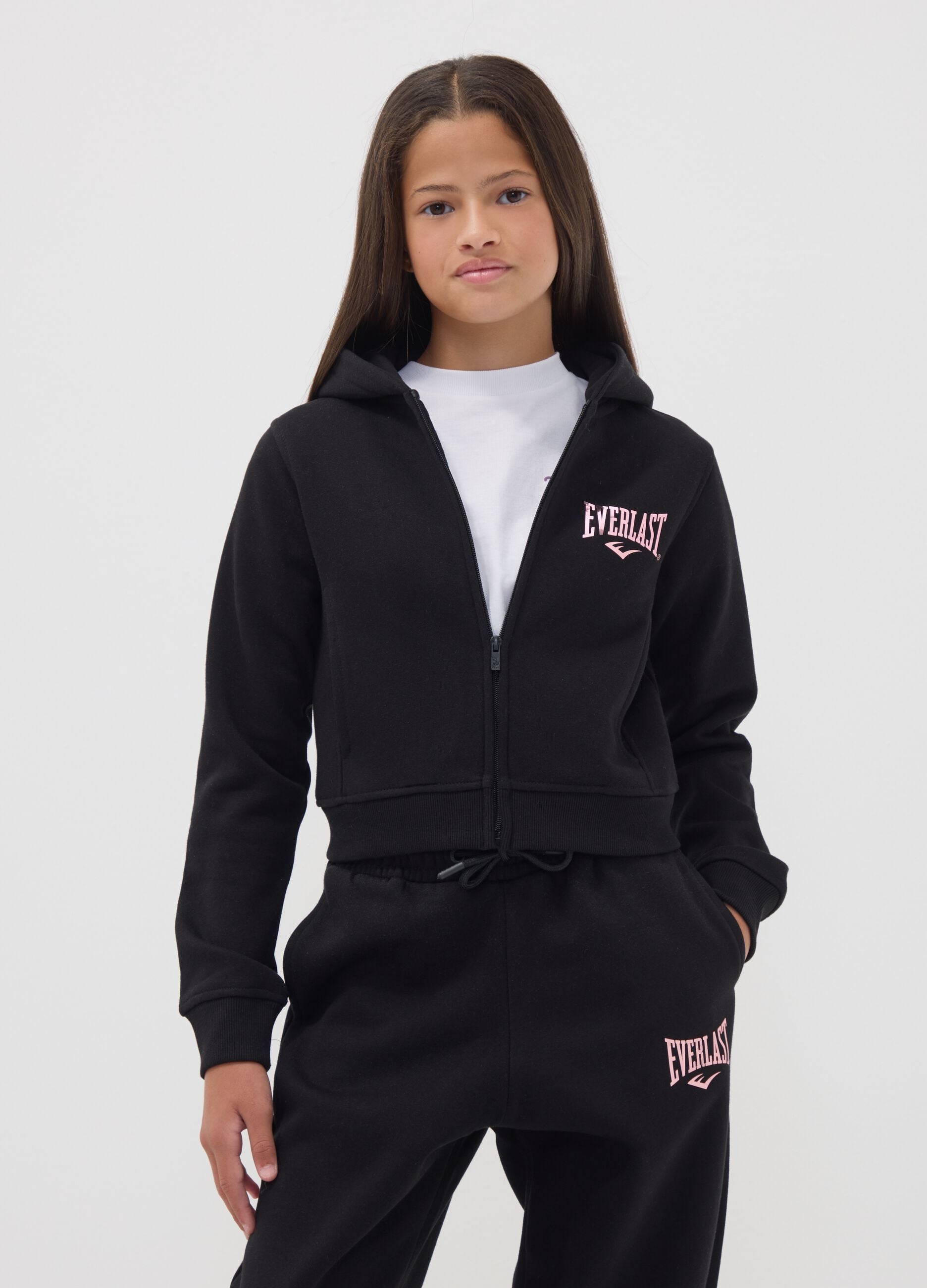 Black cotton-blend hooded zip hoodie for girls, regular fit