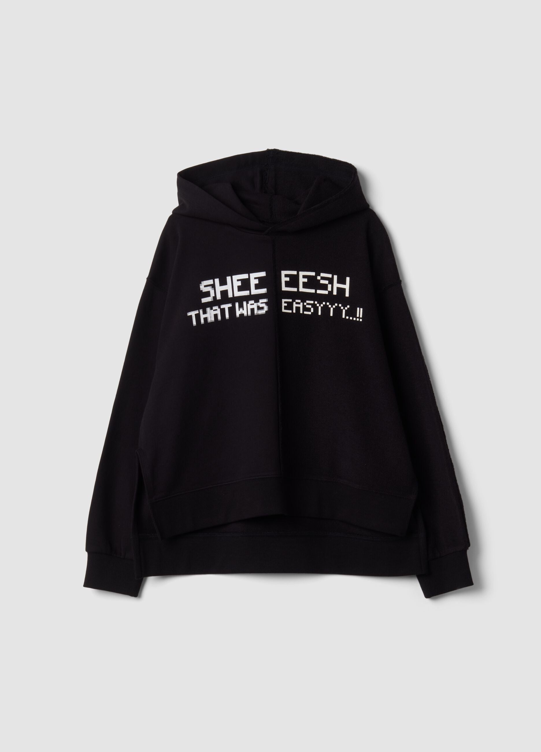 Black pure cotton hoodie with slogan print, relaxed fit