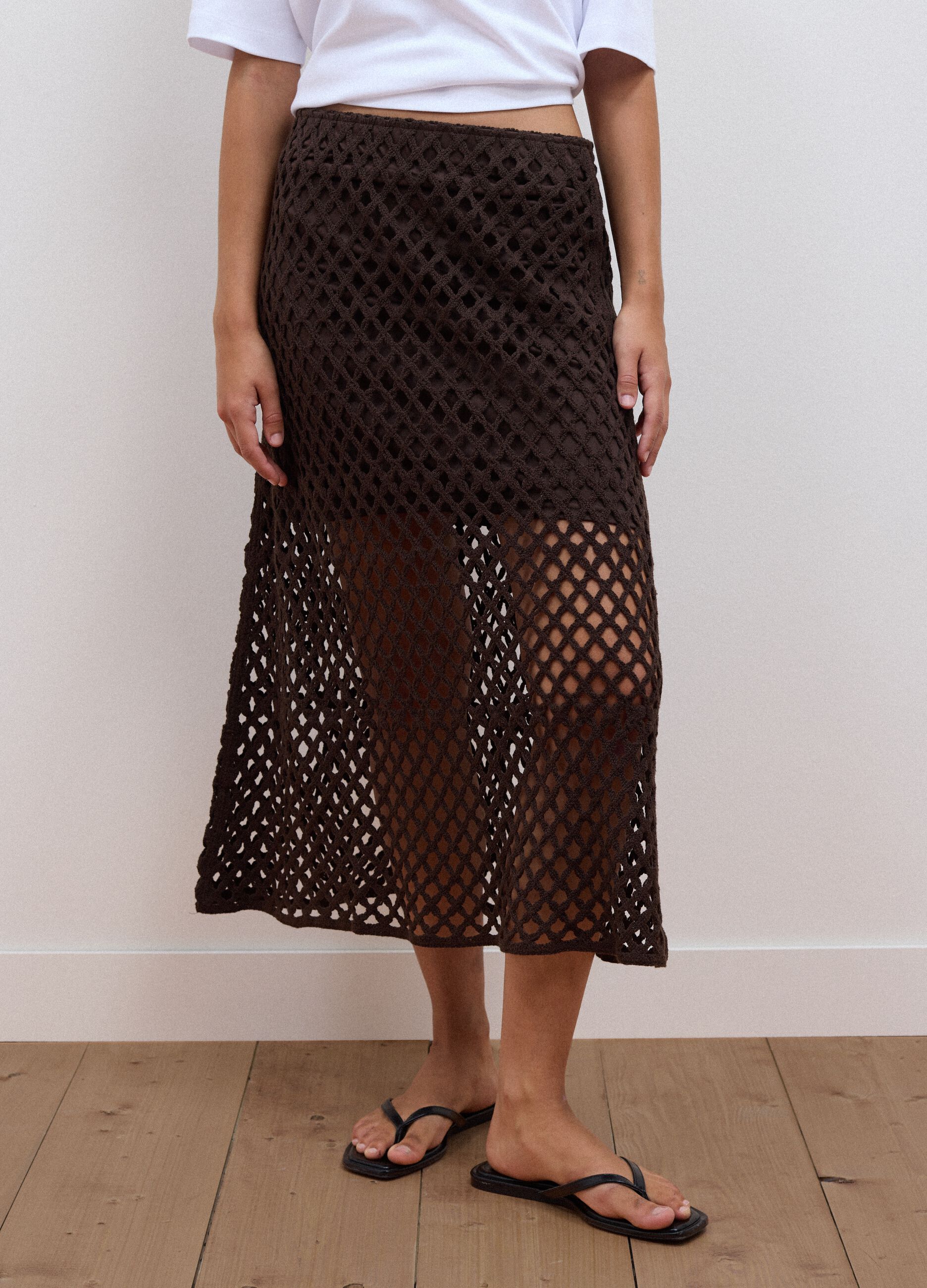 Brown cotton-blend crochet skirt