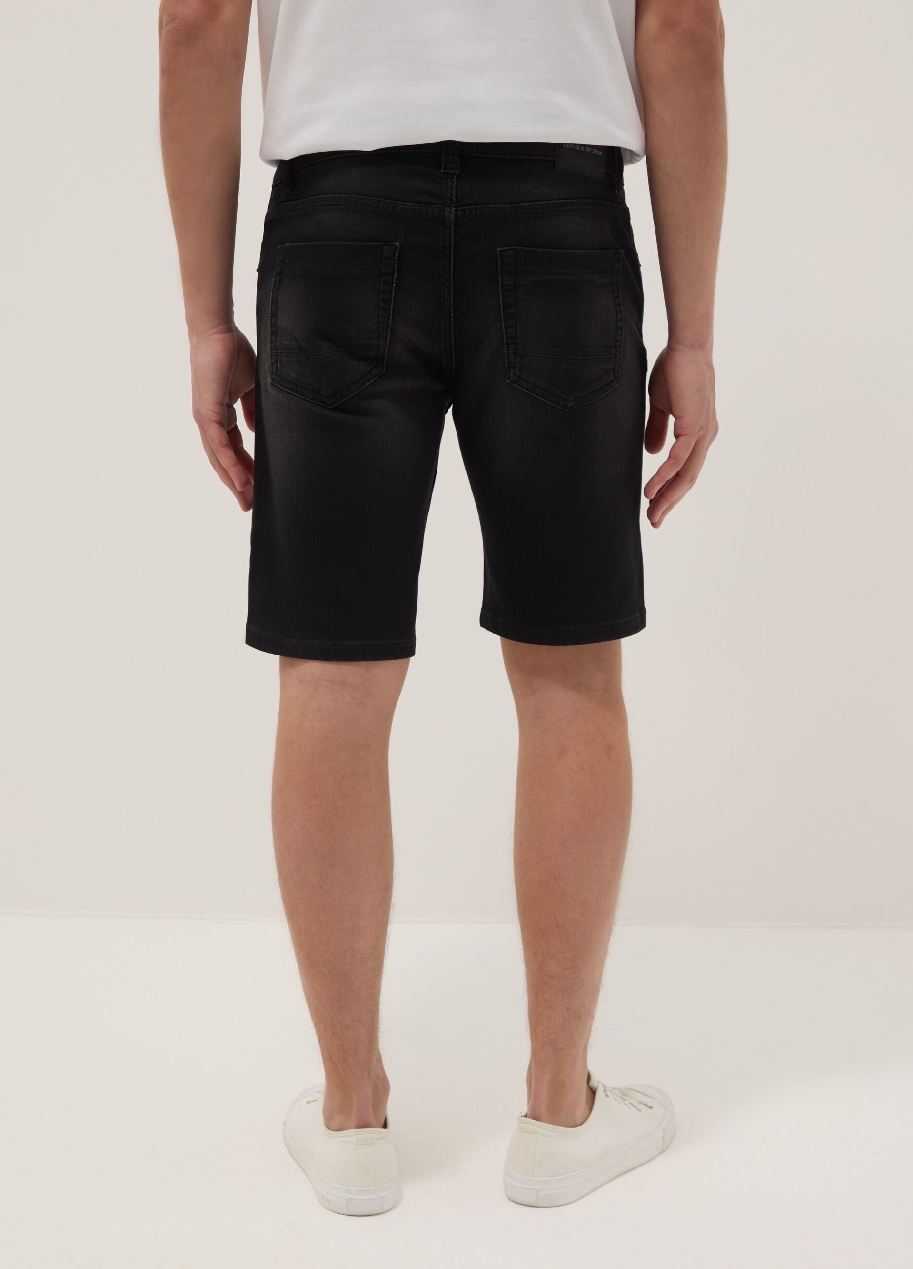 Slim fit black stretch denim cotton blend shorts