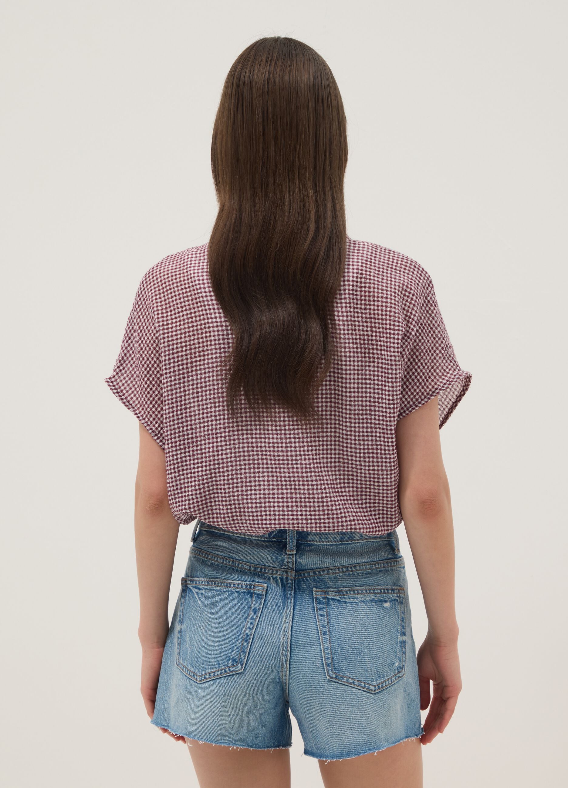 Multicolour gingham crop shirt in stretch cotton