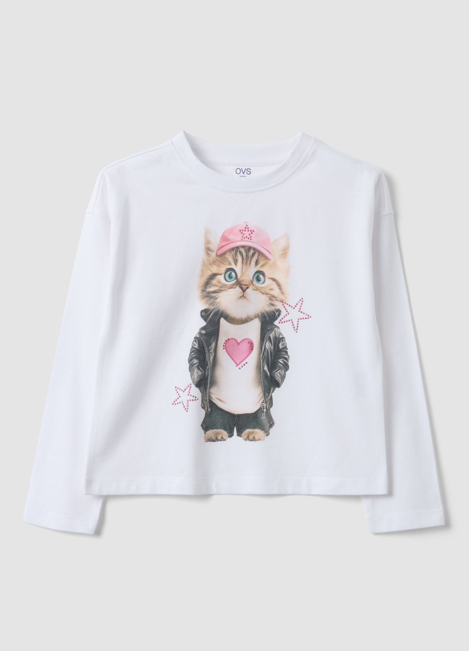 White long-sleeved pure cotton T-shirt with kitten print for girls