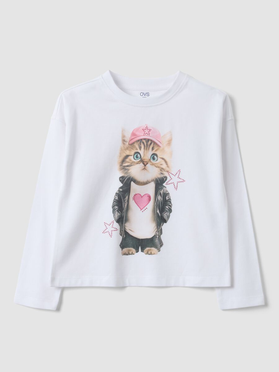 White long-sleeved pure cotton T-shirt with kitten print for girls_0