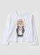 White long-sleeved pure cotton T-shirt with kitten print for girls_0