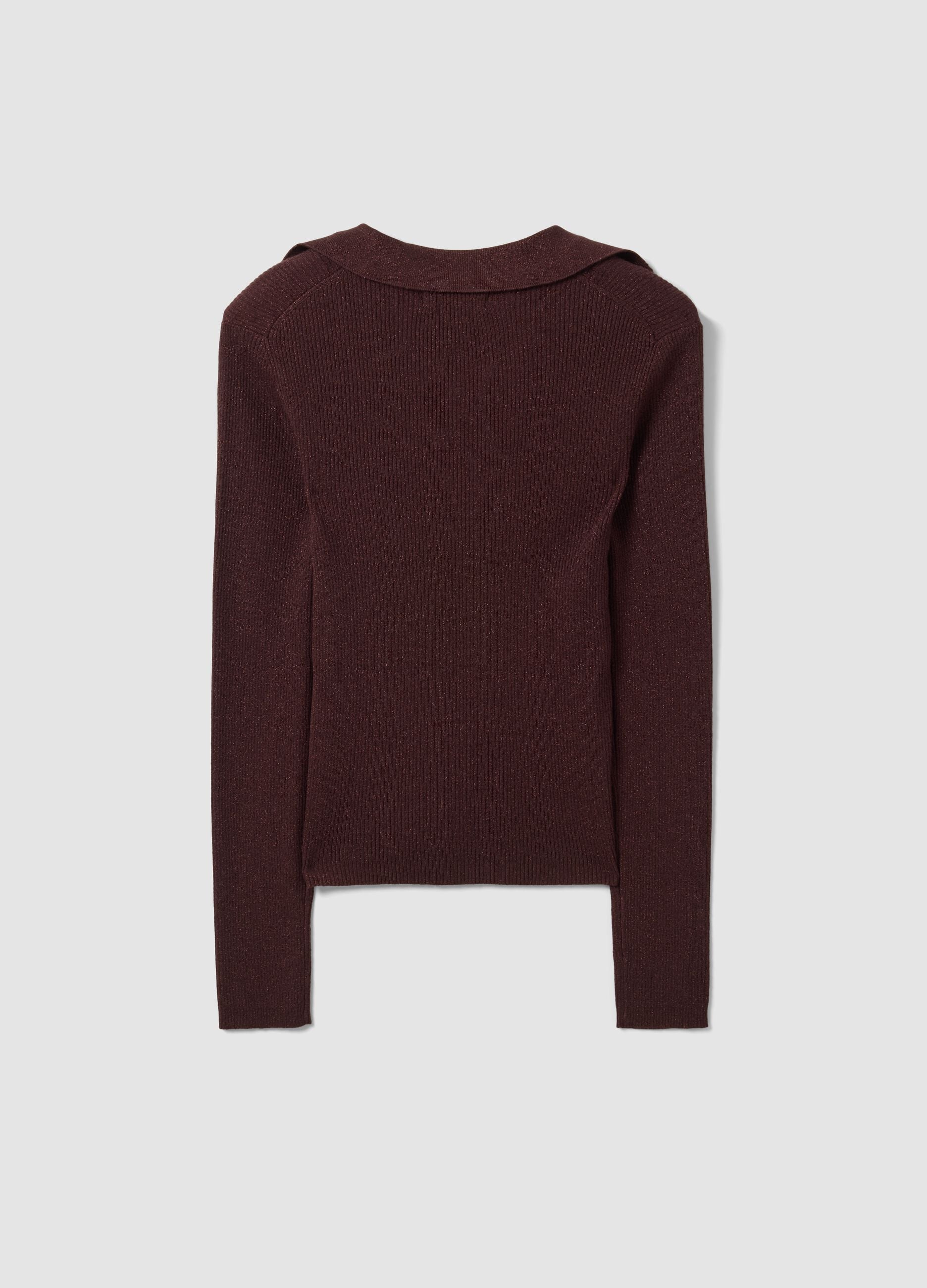 Brown ribbed viscose-blend polo-collar top