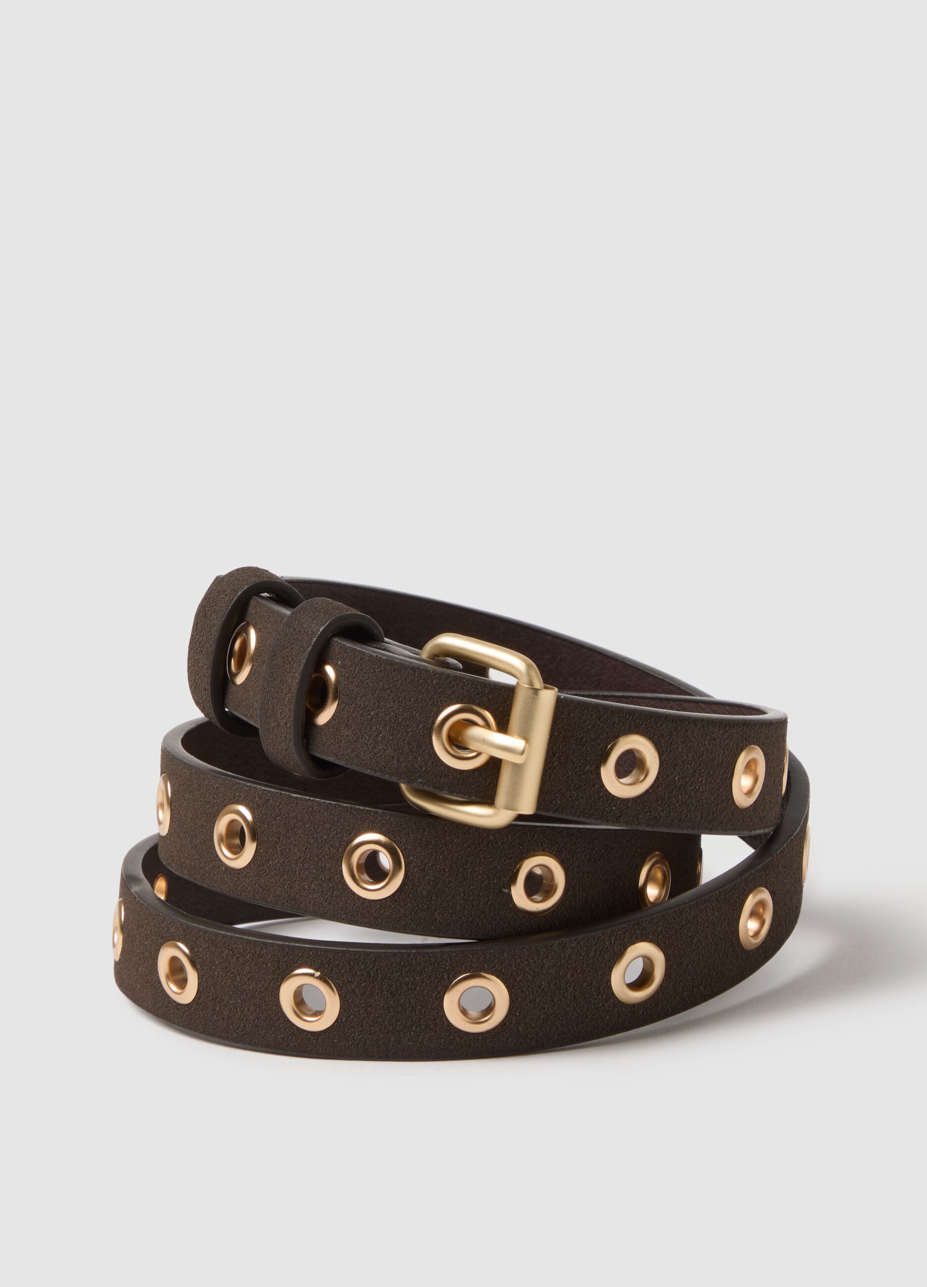 Cintura marrone con borchie dorate effetto camoscio