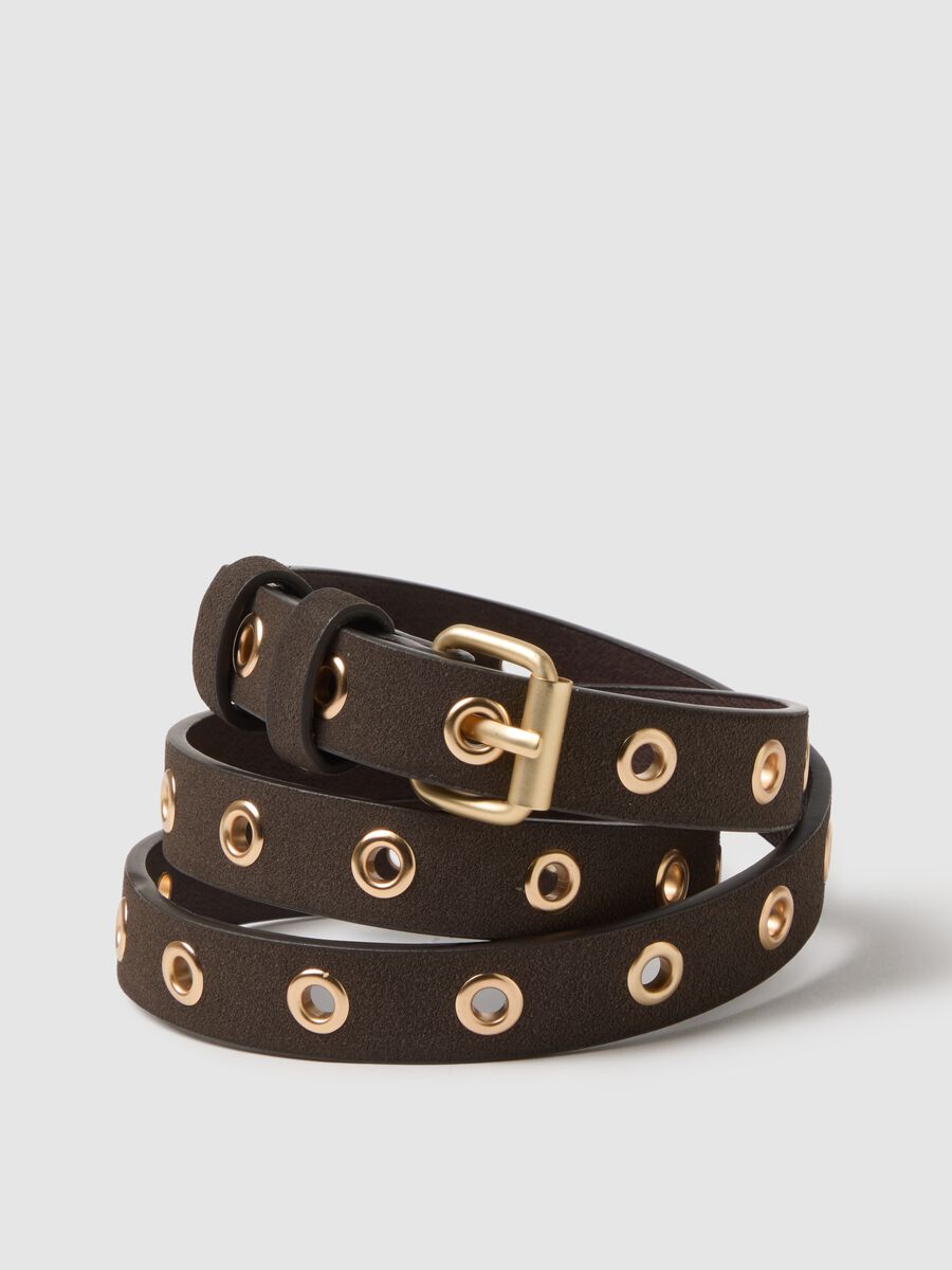 Cintura marrone con borchie dorate effetto camoscio_2