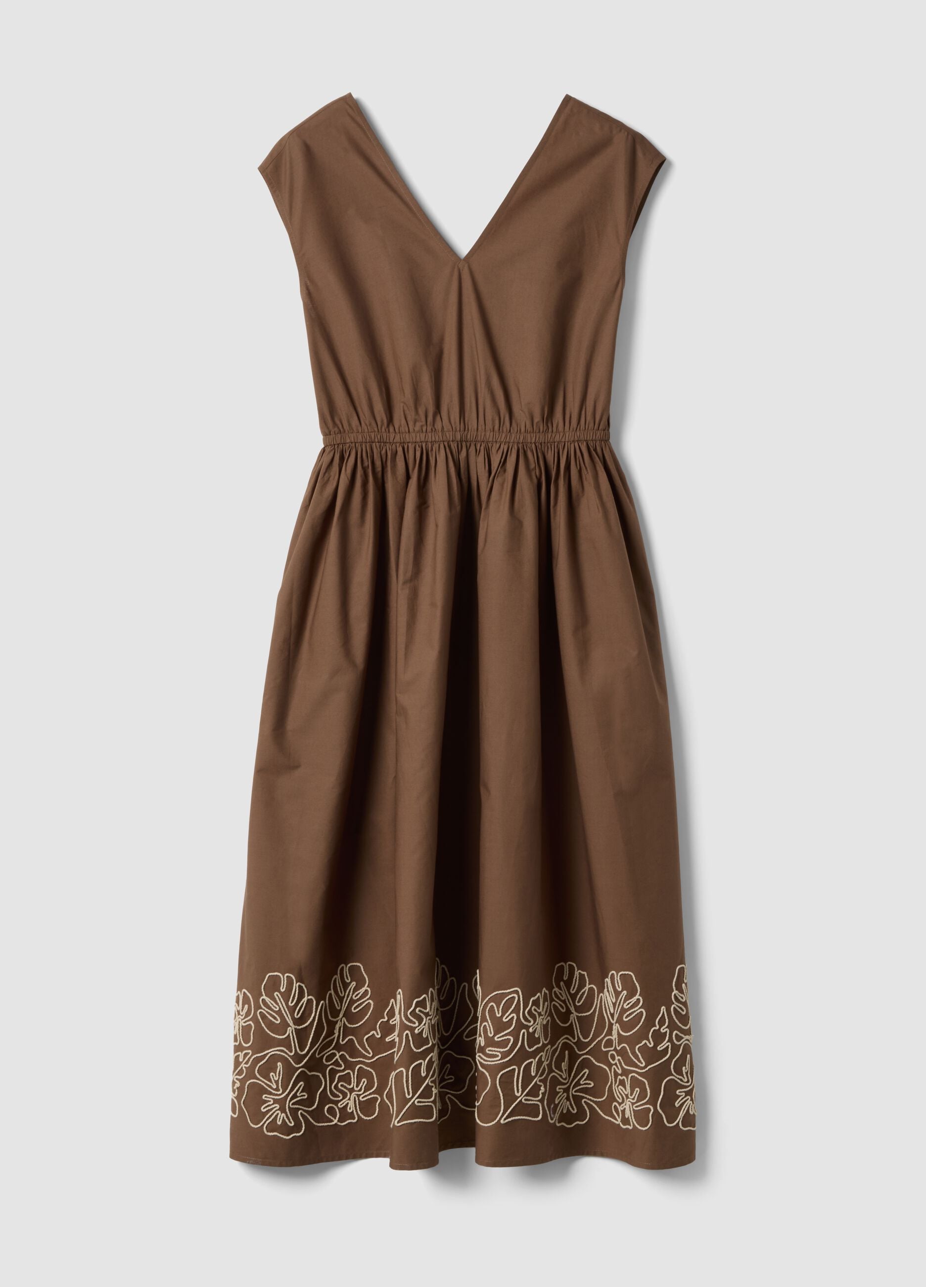 Brown pure cotton regular-fit dress with embroidery and V-neck
