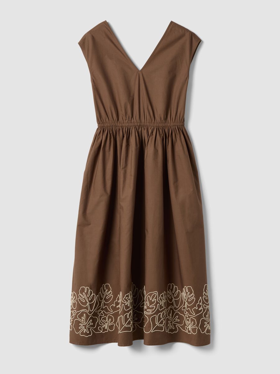 Brown pure cotton regular-fit dress with embroidery and V-neck_4